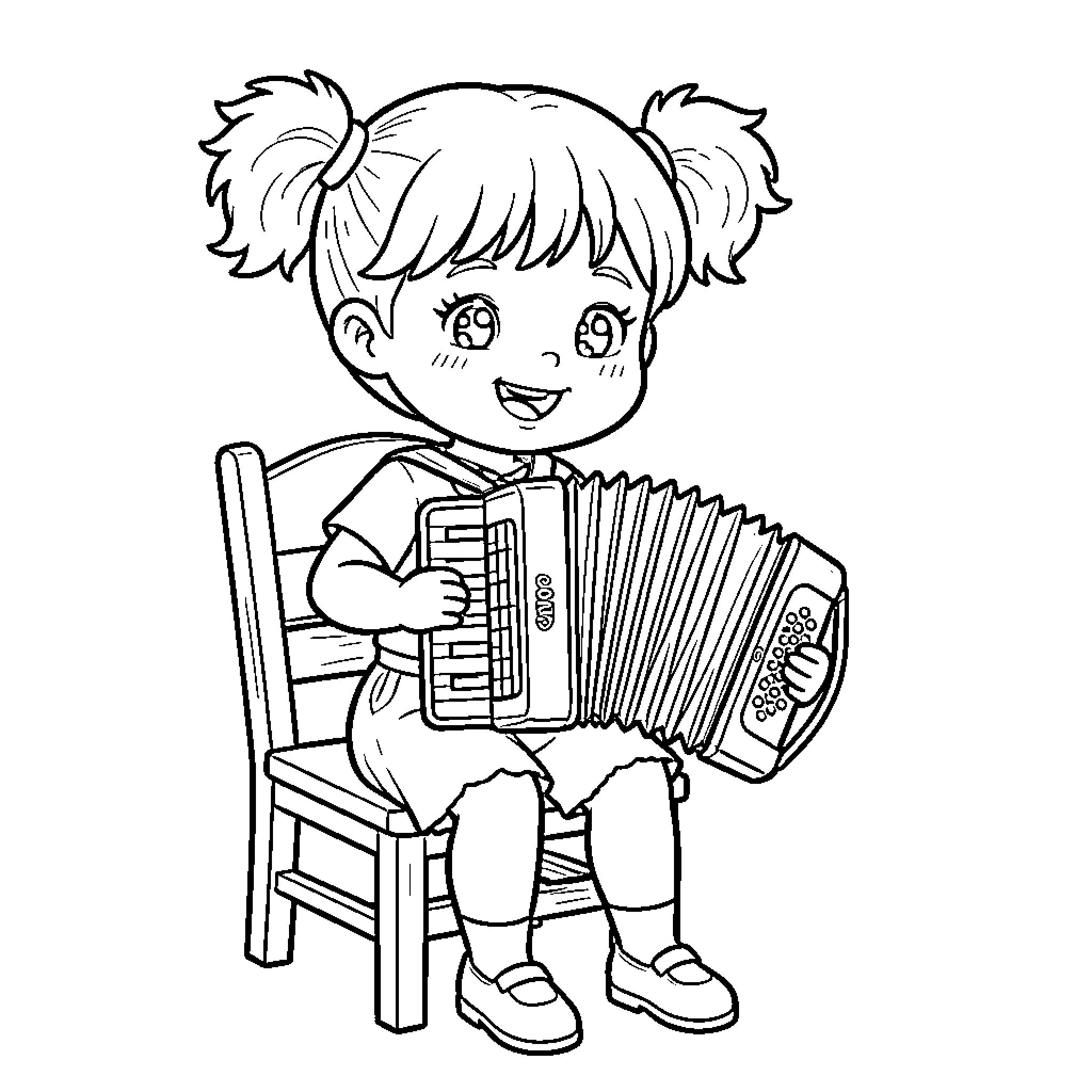 Girl playing joyfully with accordion on chair Coloring Page (free black-and-white line drawing printable PDF for all, from beginners to advanced learners, including children, teens, adults, and seniors)