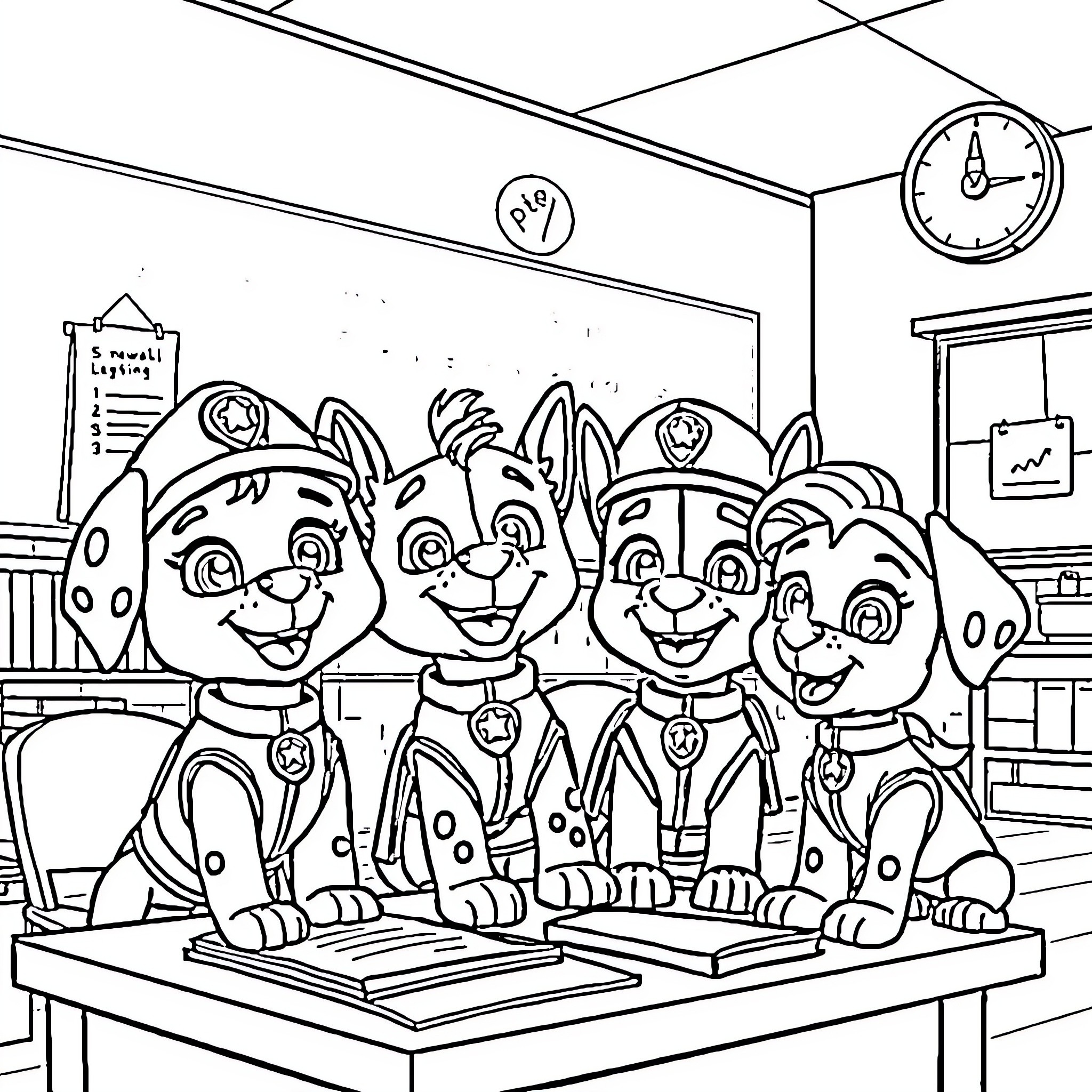 Paw Patrol puppies in action at the station Coloring Page (free black-and-white line drawing printable PDF for all, from beginners to advanced learners, including children, teens, adults, and seniors)