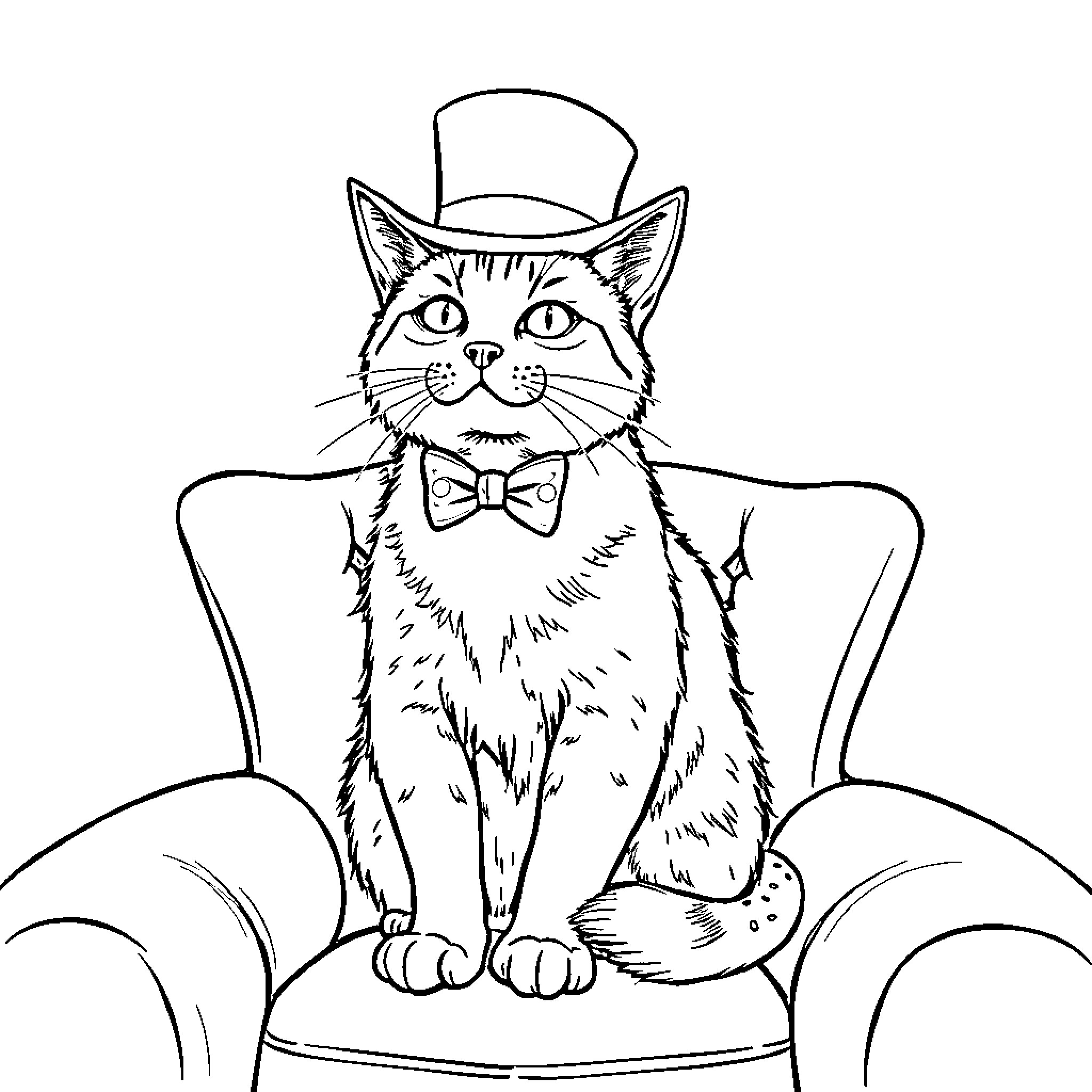 Cat dressed up in formal attire sitting on chair Coloring Page (free black-and-white line drawing printable PDF for all, from beginners to advanced learners, including children, teens, adults, and seniors)