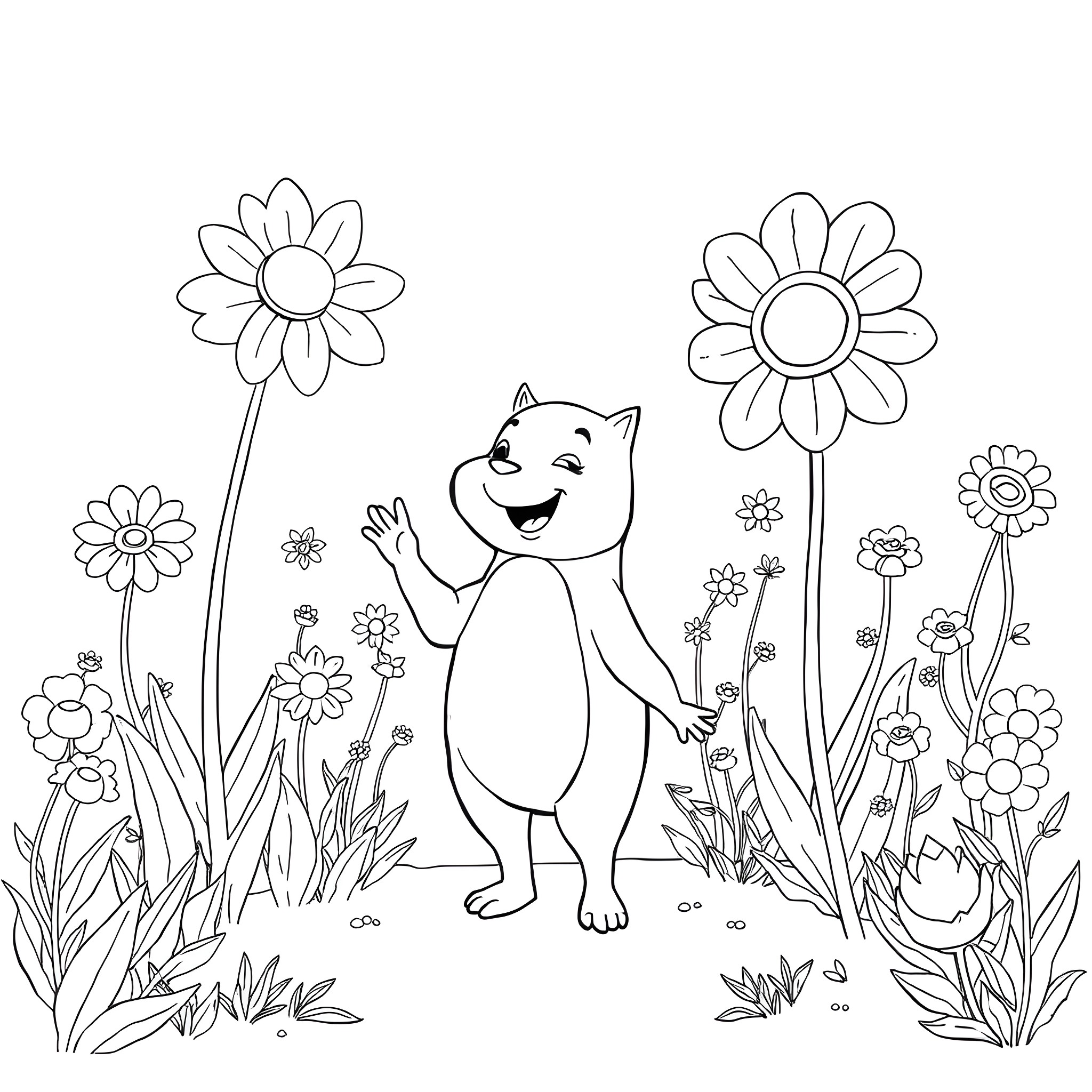 Labubu playing happily in the flower garden Coloring Page (free black-and-white line drawing printable PDF for all, from beginners to advanced learners, including children, teens, adults, and seniors)