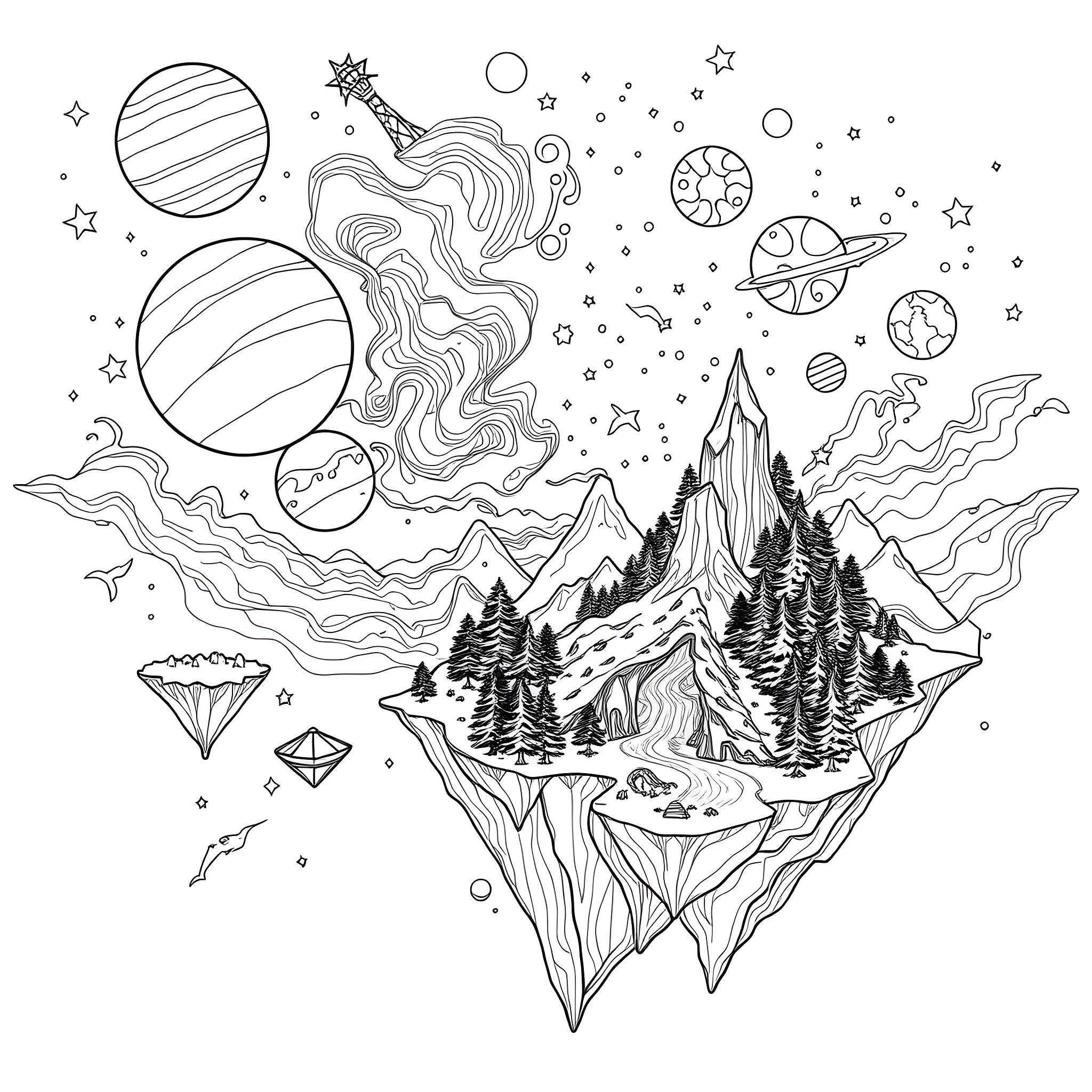 Galaxy of Celestial Wonders Coloring Page (free black-and-white line drawing printable PDF for all, from beginners to advanced learners, including children, teens, adults, and seniors)