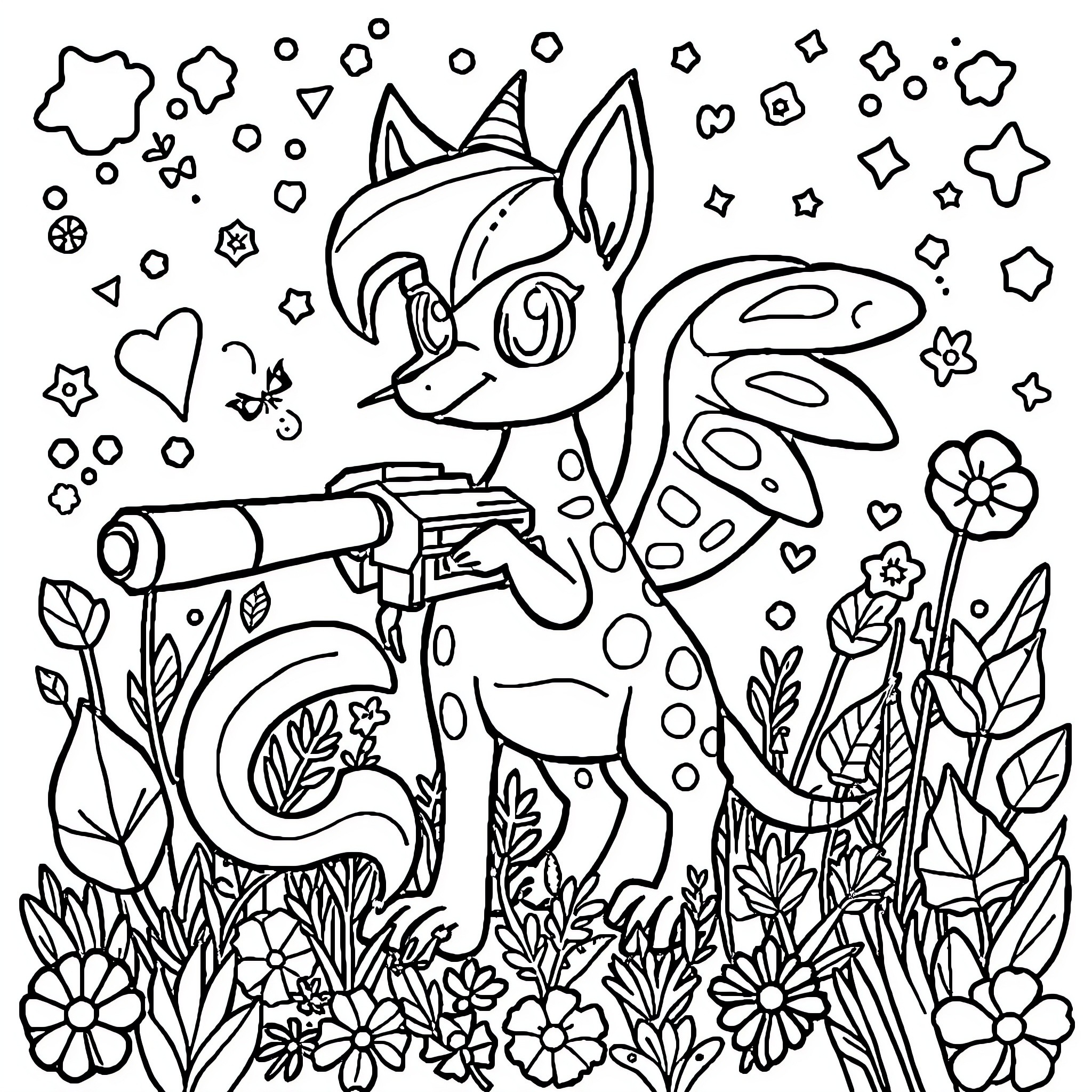 Huntrix Exploring the Whimsical Garden Coloring Page (free black-and-white line drawing printable PDF for all, from beginners to advanced learners, including children, teens, adults, and seniors)