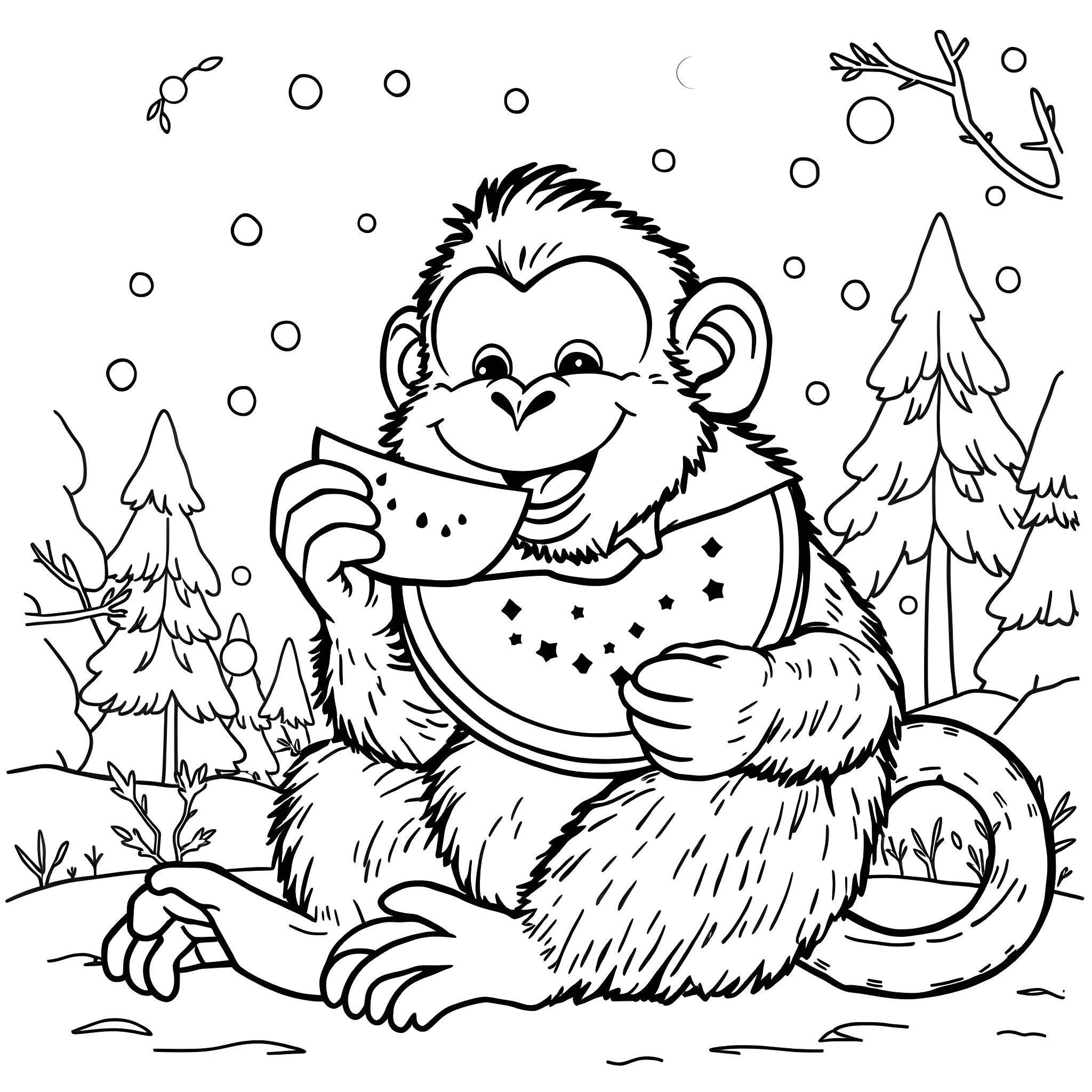 Monkey playing in the snowy forest Coloring Page (free black-and-white line drawing printable PDF for all, from beginners to advanced learners, including children, teens, adults, and seniors)