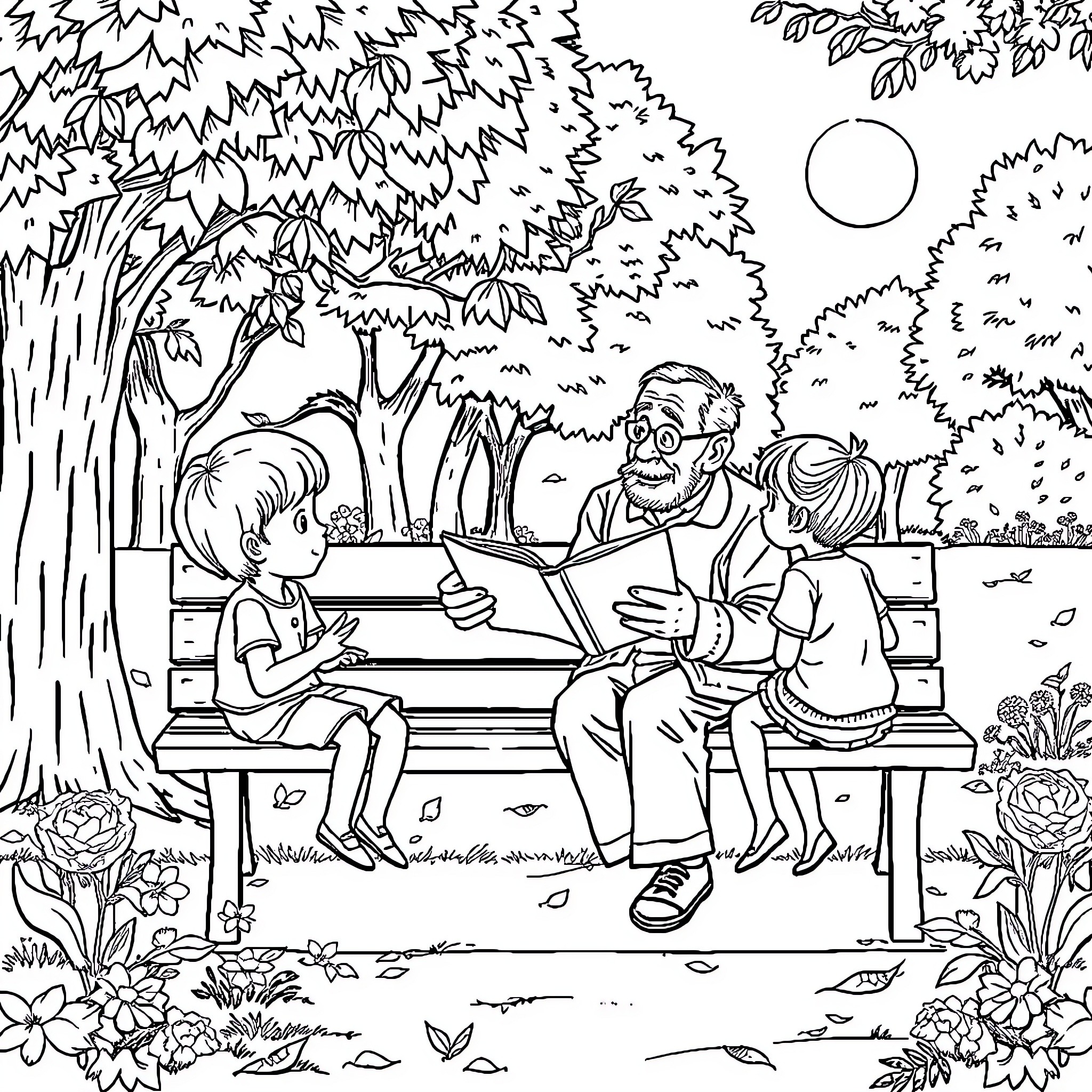 Abuelito spending quality time with grandchildren in the park Coloring Page (free black-and-white line drawing printable PDF for all, from beginners to advanced learners, including children, teens, adults, and seniors)