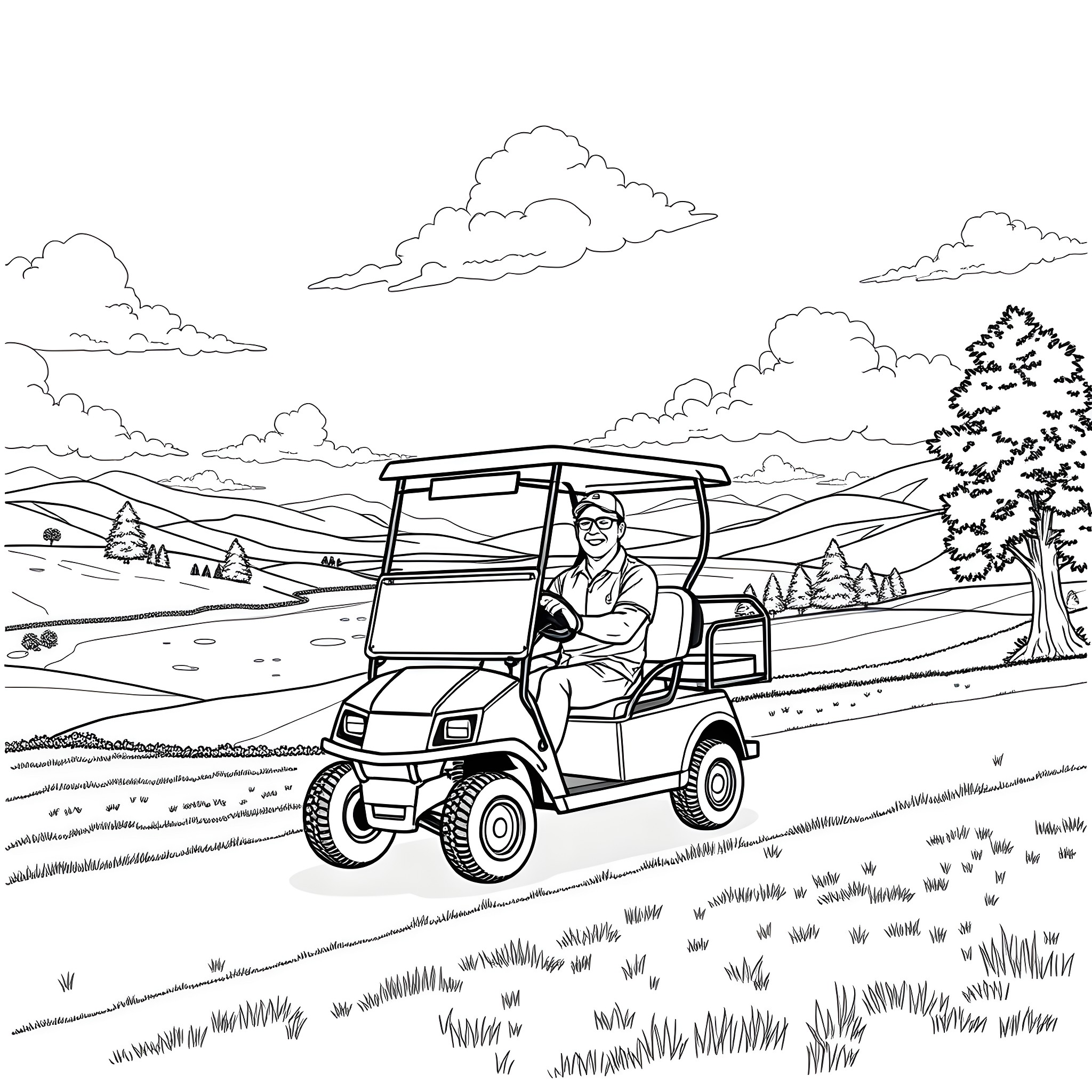 John Cena driving a golf cart through a scenic landscape Coloring Page (free black-and-white line drawing printable PDF for all, from beginners to advanced learners, including children, teens, adults, and seniors)