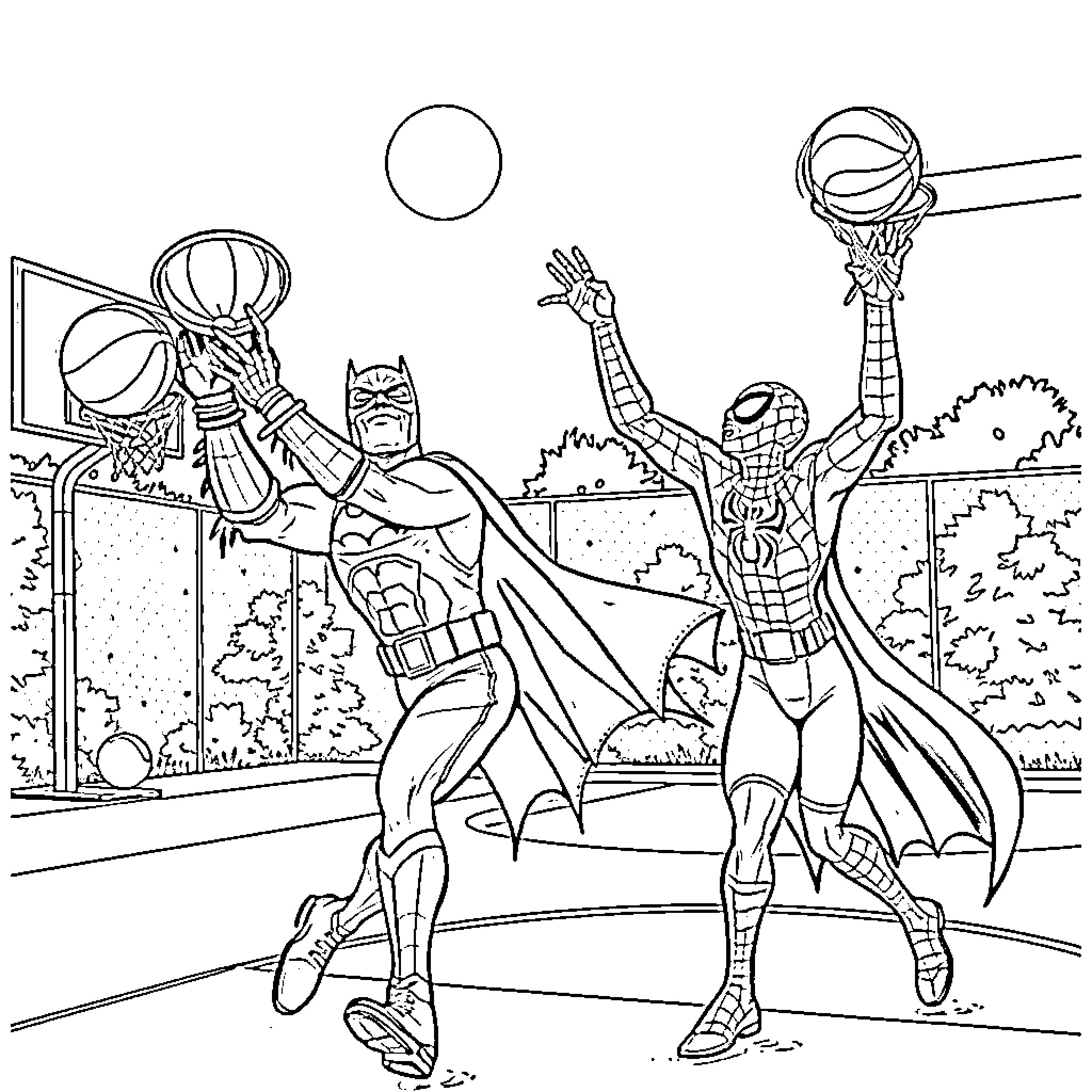 Batman and superheroes competing in a basketball match Coloring Page (free black-and-white line drawing printable PDF for all, from beginners to advanced learners, including children, teens, adults, and seniors)