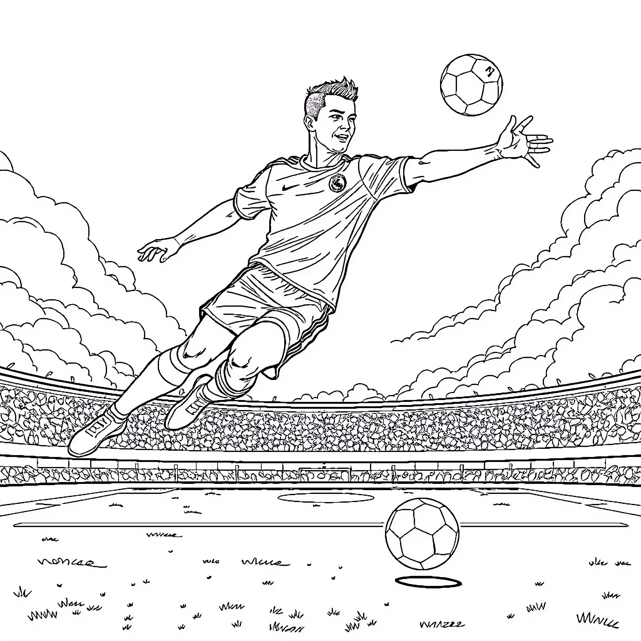 Ronaldo's Dramatic Leap for the Soccer Ball Coloring Page (free black-and-white line drawing printable PDF for all, from beginners to advanced learners, including children, teens, adults, and seniors)