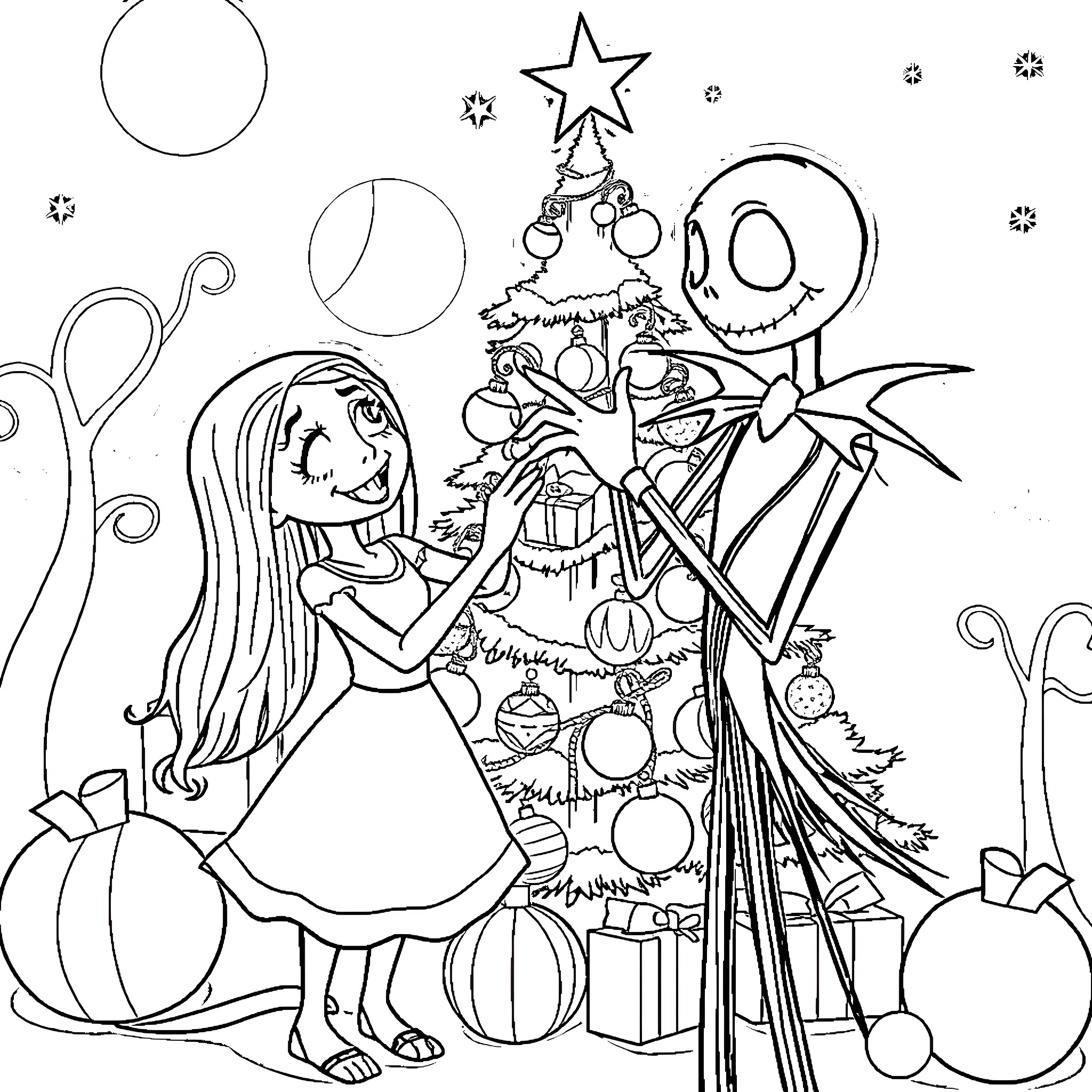 Jack and Sally Decorating the Christmas Tree Coloring Page (free black-and-white line drawing printable PDF for all, from beginners to advanced learners, including children, teens, adults, and seniors)