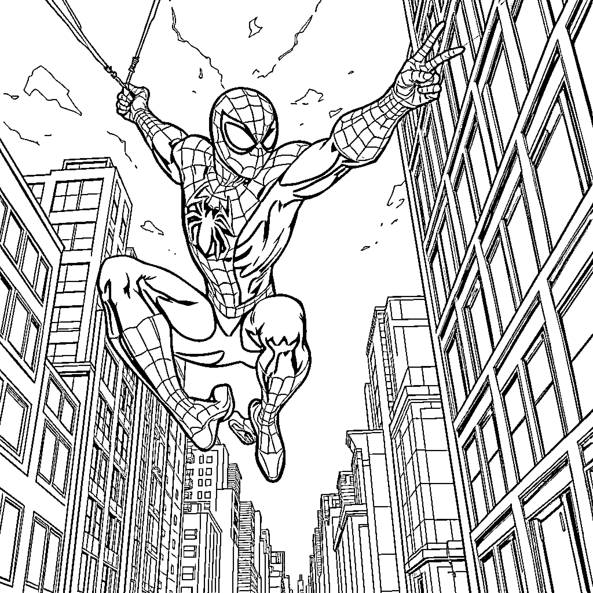 Spider-Man swinging through the city skyline Coloring Page (free black-and-white line drawing printable PDF for all, from beginners to advanced learners, including children, teens, adults, and seniors)