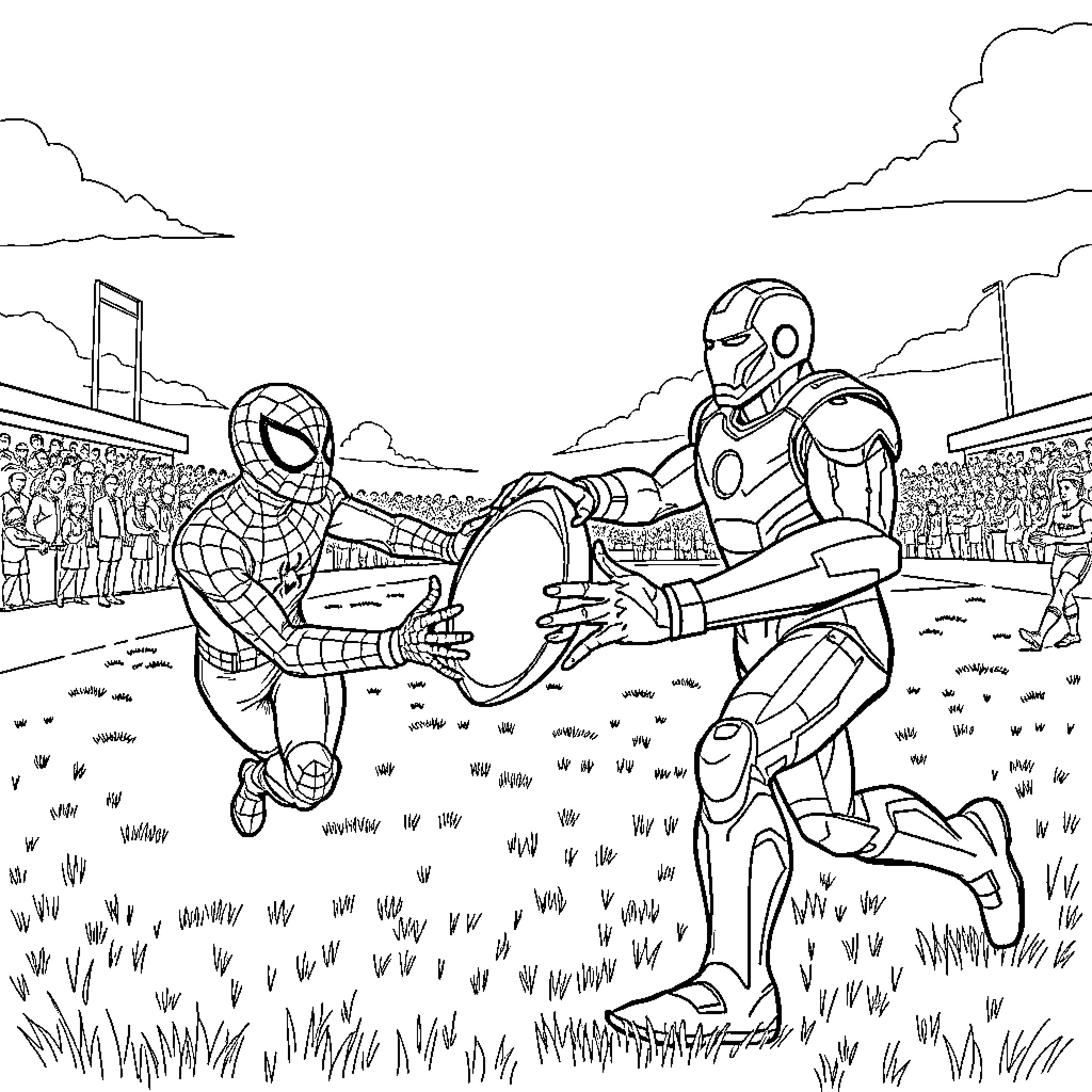 Spider-Man fighting alongside Iron Man in an outdoor scene Coloring Page (free black-and-white line drawing printable PDF for all, from beginners to advanced learners, including children, teens, adults, and seniors)