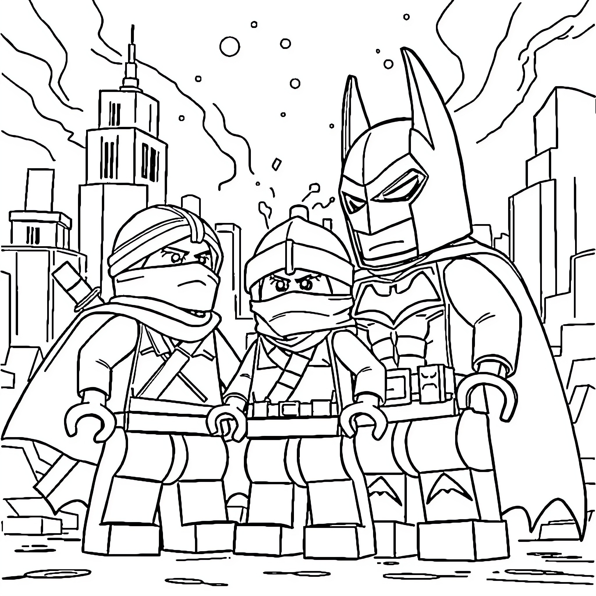 Ninjago heroes in action against city backdrop Coloring Page (free black-and-white line drawing printable PDF for all, from beginners to advanced learners, including children, teens, adults, and seniors)
