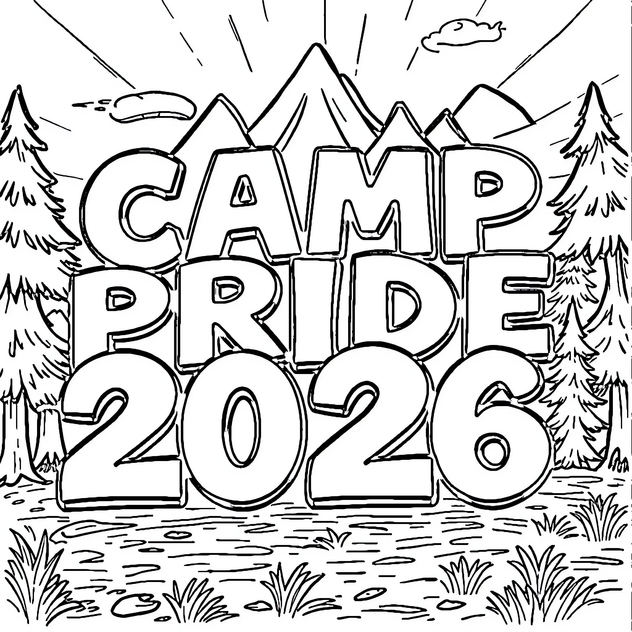 Camp Pride 2026: Outdoor Adventure and Nature Celebration Coloring Page (free black-and-white line drawing printable PDF for all, from beginners to advanced learners, including children, teens, adults, and seniors)