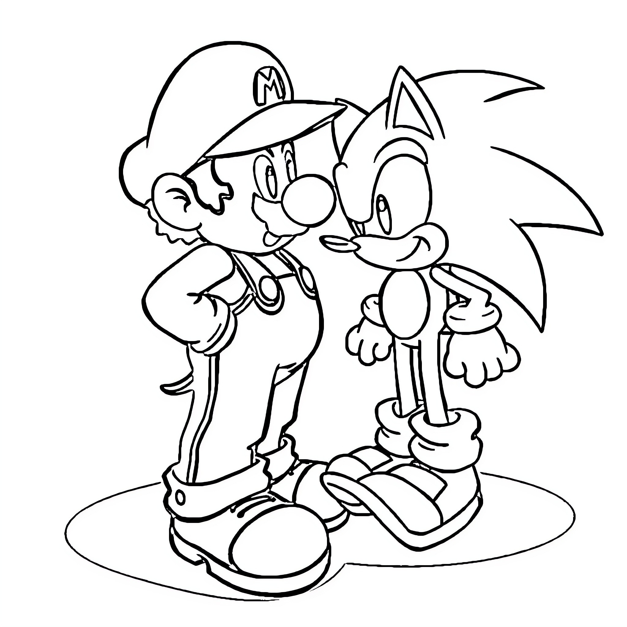 Mario and Sonic Enjoying a Playful Moment Coloring Page (free black-and-white line drawing printable PDF for all, from beginners to advanced learners, including children, teens, adults, and seniors)