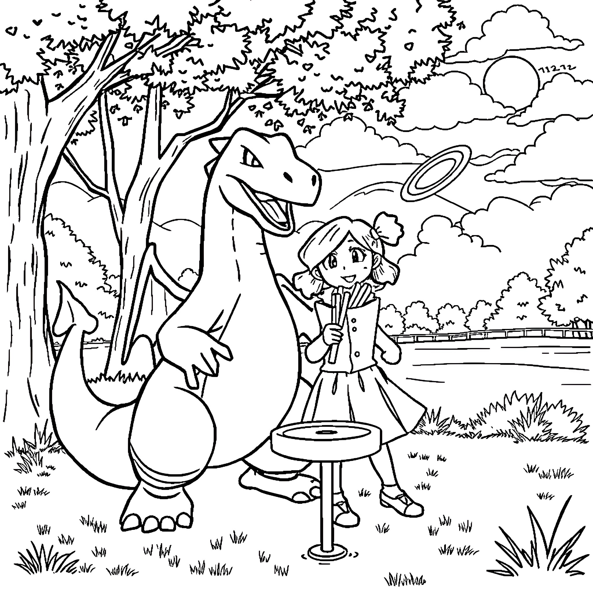 Charizard and young trainer explore the forest Coloring Page (free black-and-white line drawing printable PDF for all, from beginners to advanced learners, including children, teens, adults, and seniors)