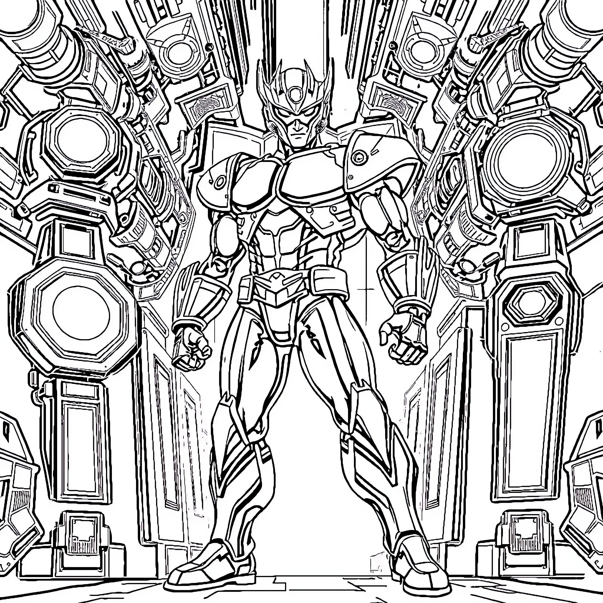 Guyver in Epic Robotic Stance Coloring Page (free black-and-white line drawing printable PDF for all, from beginners to advanced learners, including children, teens, adults, and seniors)