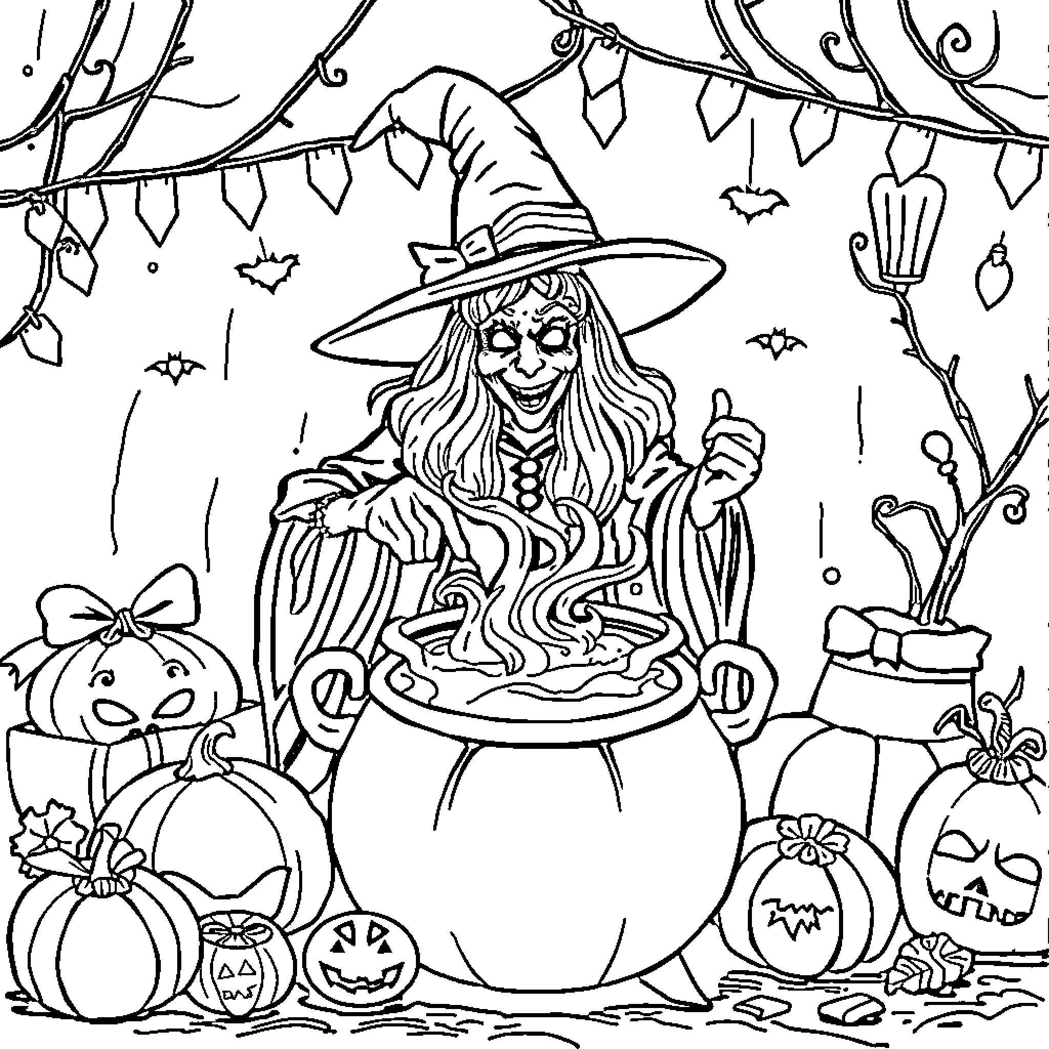 Witch casting a spell in her spooky lair Coloring Page (free black-and-white line drawing printable PDF for all, from beginners to advanced learners, including children, teens, adults, and seniors)