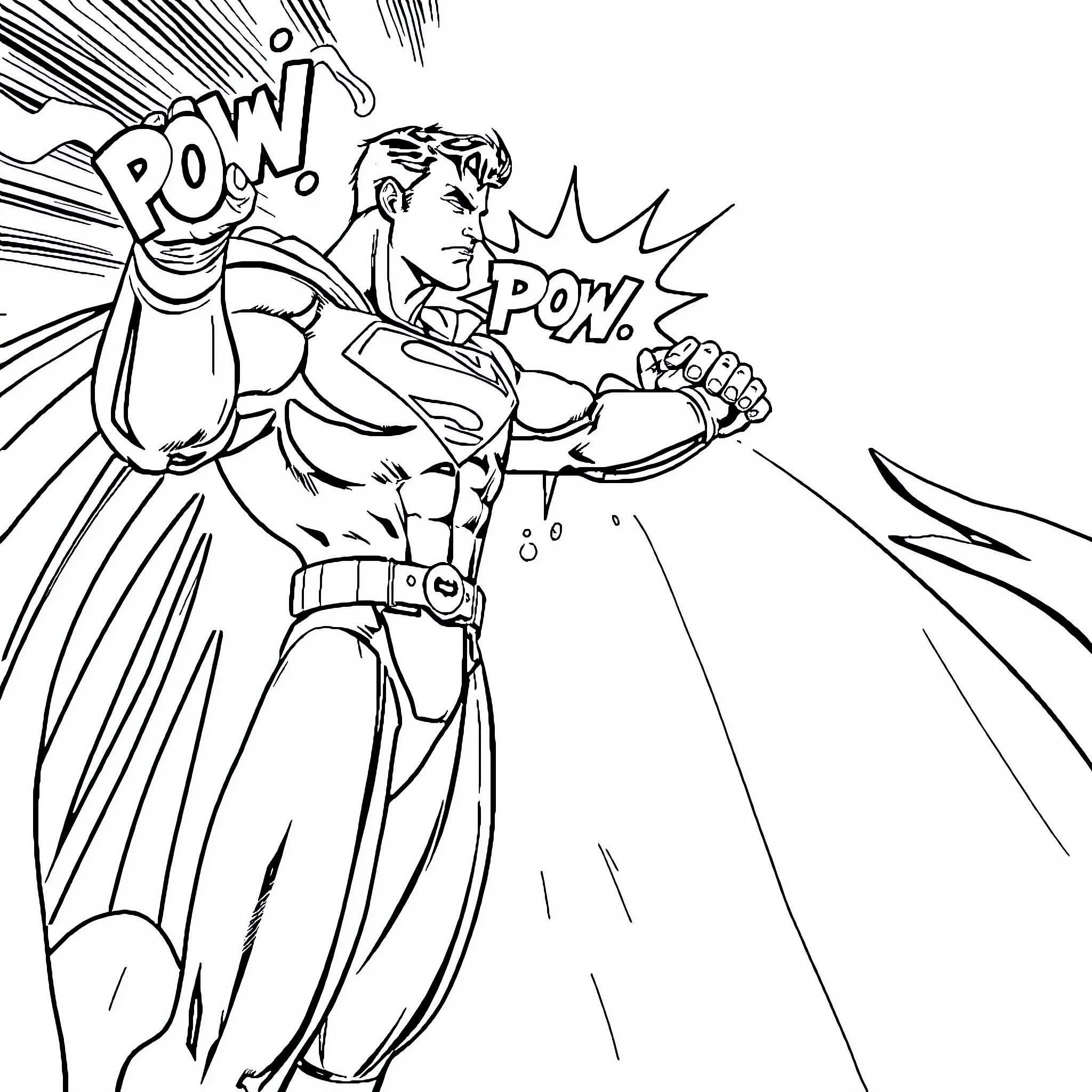 Superman exerting his superhuman strength and power Coloring Page (free black-and-white line drawing printable PDF for all, from beginners to advanced learners, including children, teens, adults, and seniors)
