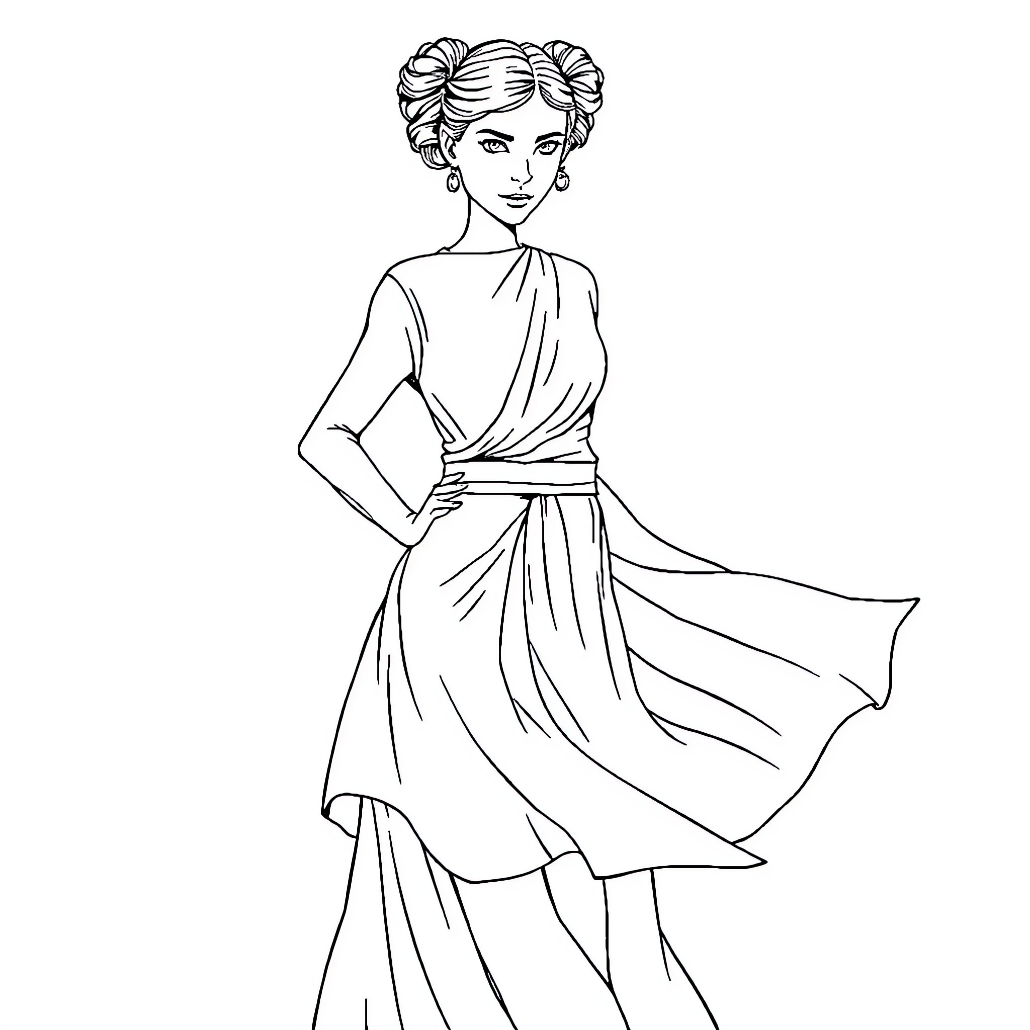 Princess Leia in flowing dress and elegant hairstyle Coloring Page (free black-and-white line drawing printable PDF for all, from beginners to advanced learners, including children, teens, adults, and seniors)