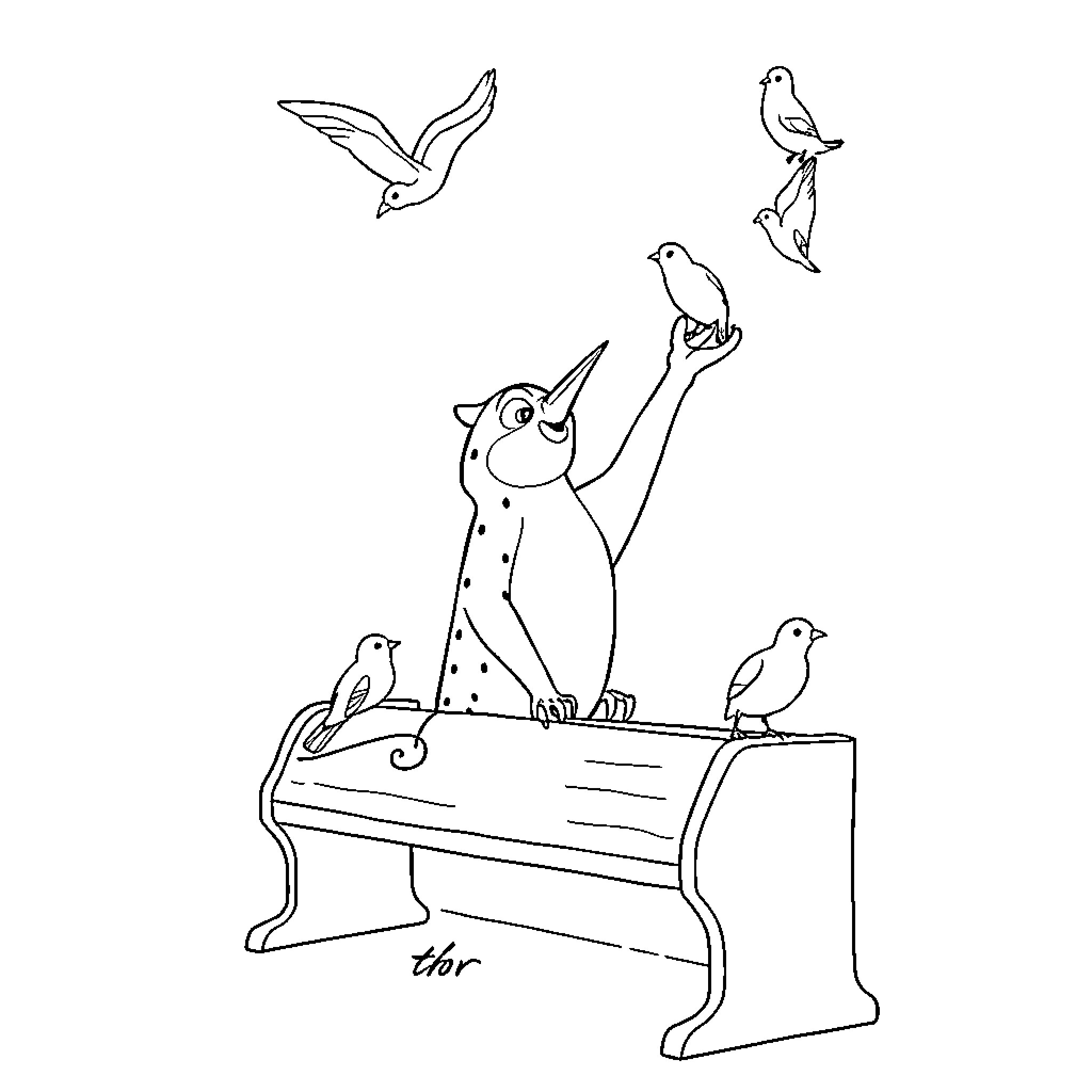 Esqueleto the Playful Cat and Birds Coloring Page (free black-and-white line drawing printable PDF for all, from beginners to advanced learners, including children, teens, adults, and seniors)