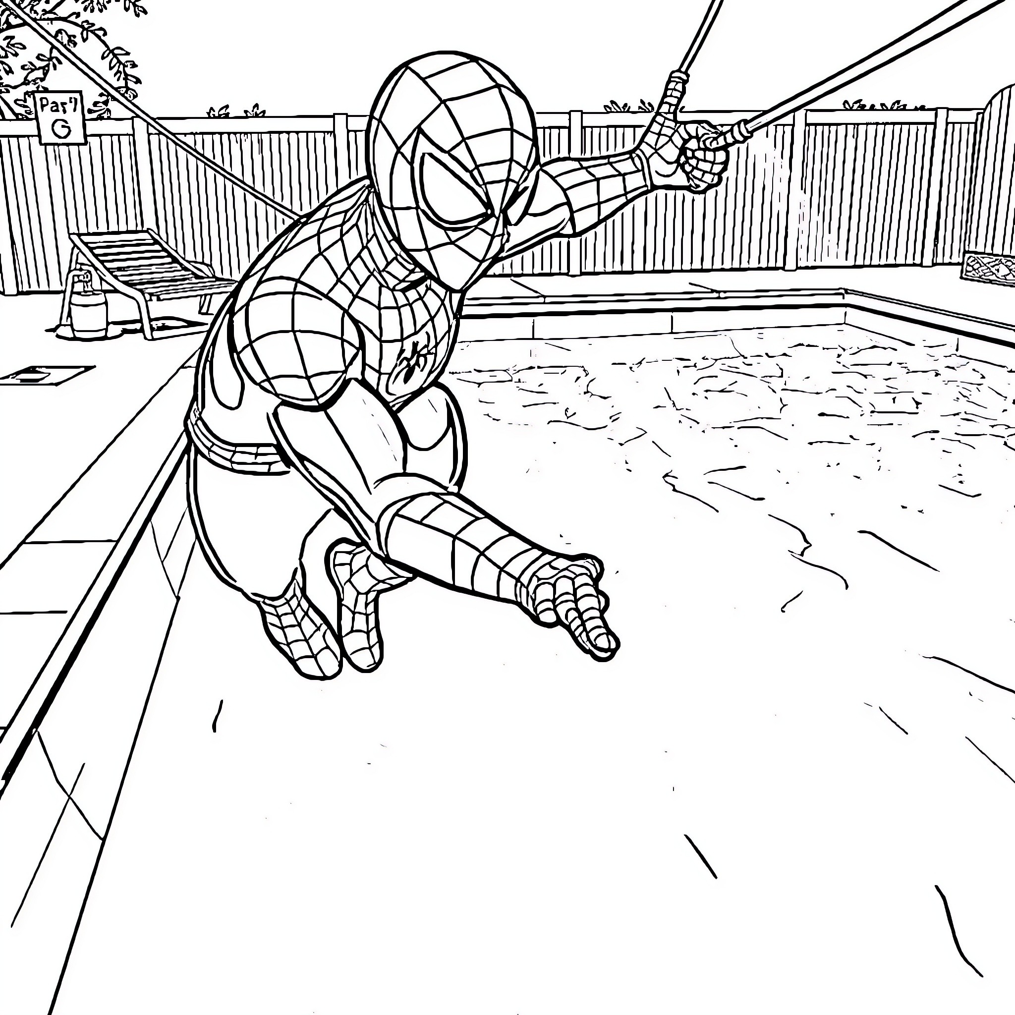Spiderman swinging through the city skyline Coloring Page (free black-and-white line drawing printable PDF for all, from beginners to advanced learners, including children, teens, adults, and seniors)