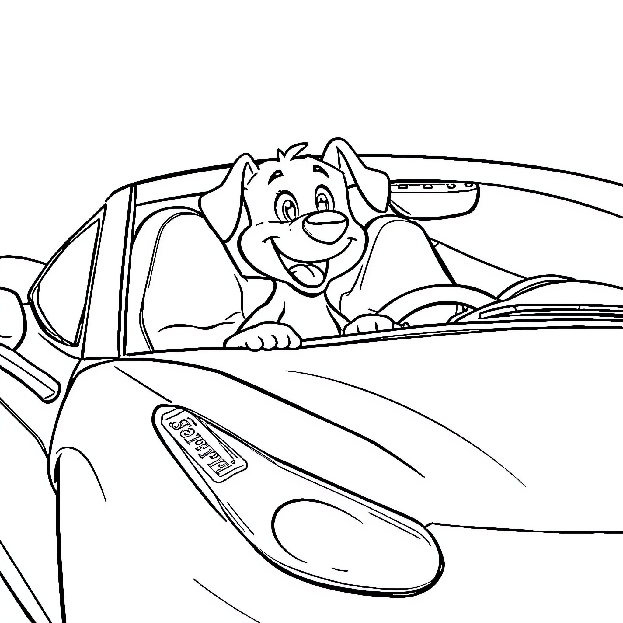 Bluey driving a car happily Coloring Page (free black-and-white line drawing printable PDF for all, from beginners to advanced learners, including children, teens, adults, and seniors)