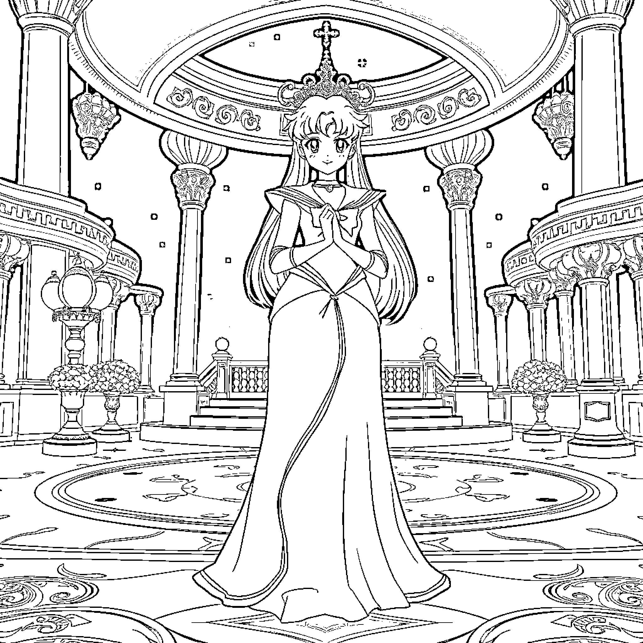 Princess Serenity in an elegant palace scene Coloring Page (free black-and-white line drawing printable PDF for all, from beginners to advanced learners, including children, teens, adults, and seniors)