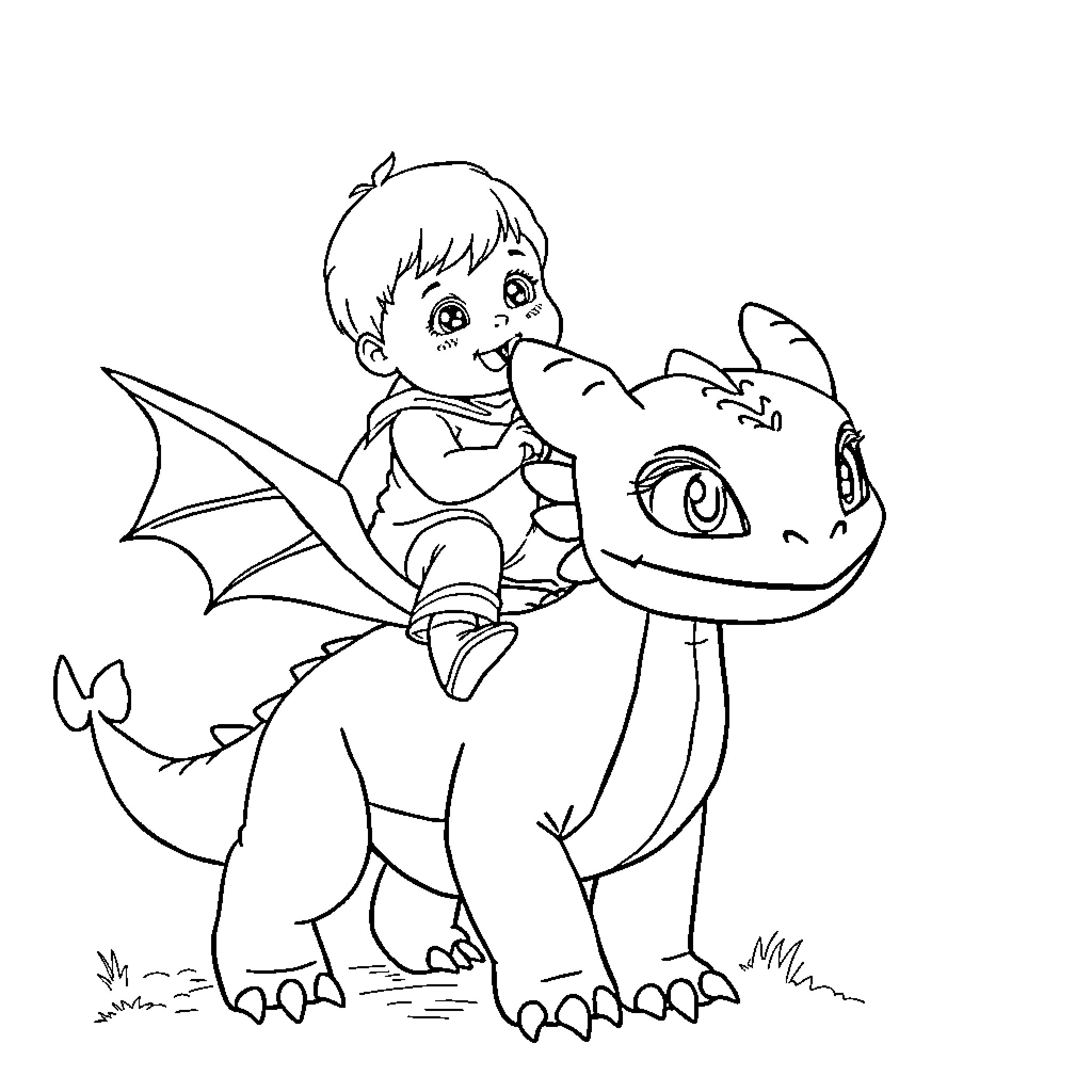 Baby riding a friendly dragon Coloring Page (free black-and-white line drawing printable PDF for all, from beginners to advanced learners, including children, teens, adults, and seniors)