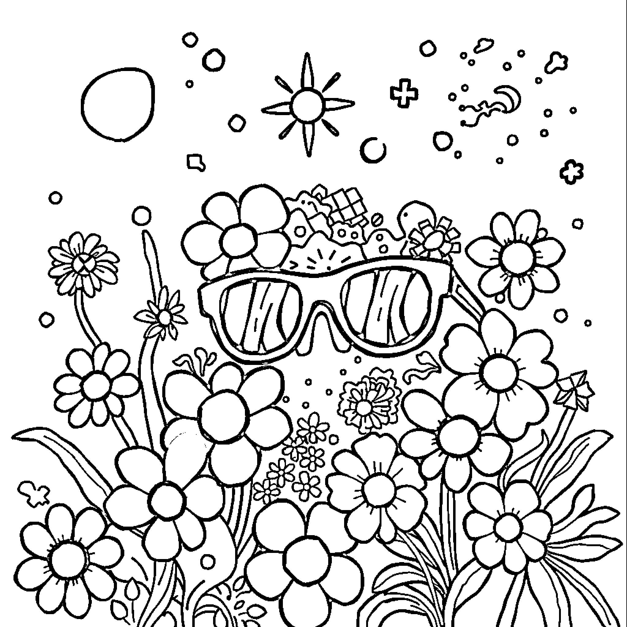 Pop Art Floral Bouquet with Sunglasses Coloring Page (free black-and-white line drawing printable PDF for all, from beginners to advanced learners, including children, teens, adults, and seniors)