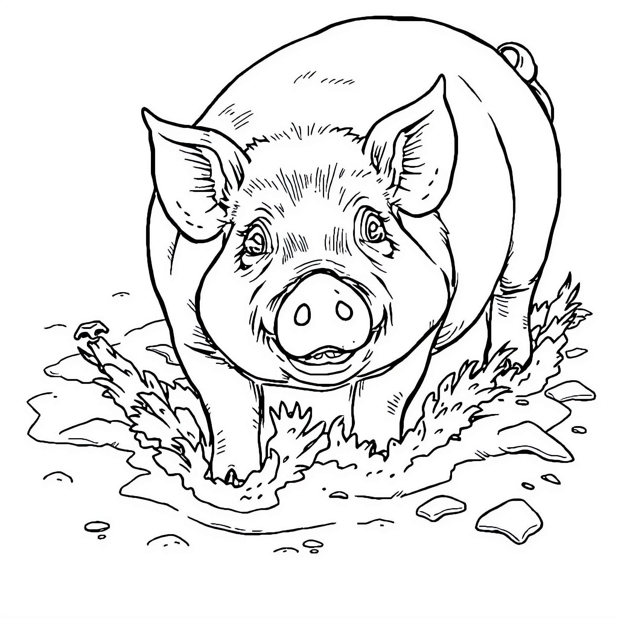 Pig enjoying a muddy puddle Coloring Page (free black-and-white line drawing printable PDF for all, from beginners to advanced learners, including children, teens, adults, and seniors)