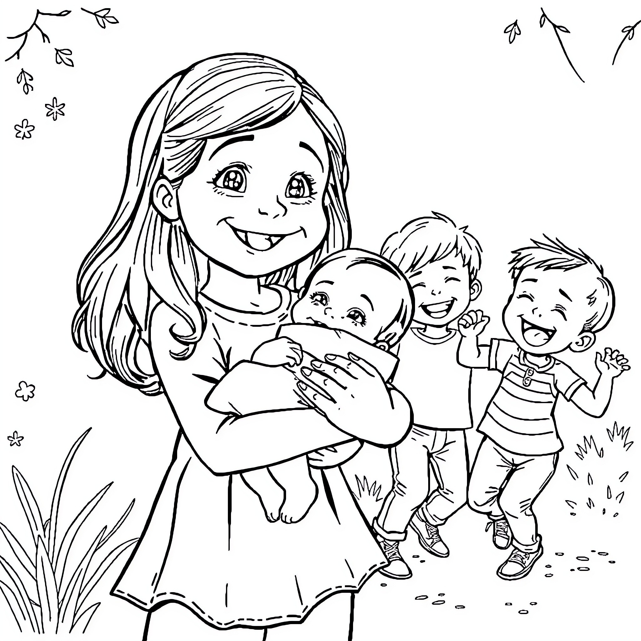 Child caring for younger siblings in nature Coloring Page (free black-and-white line drawing printable PDF for all, from beginners to advanced learners, including children, teens, adults, and seniors)