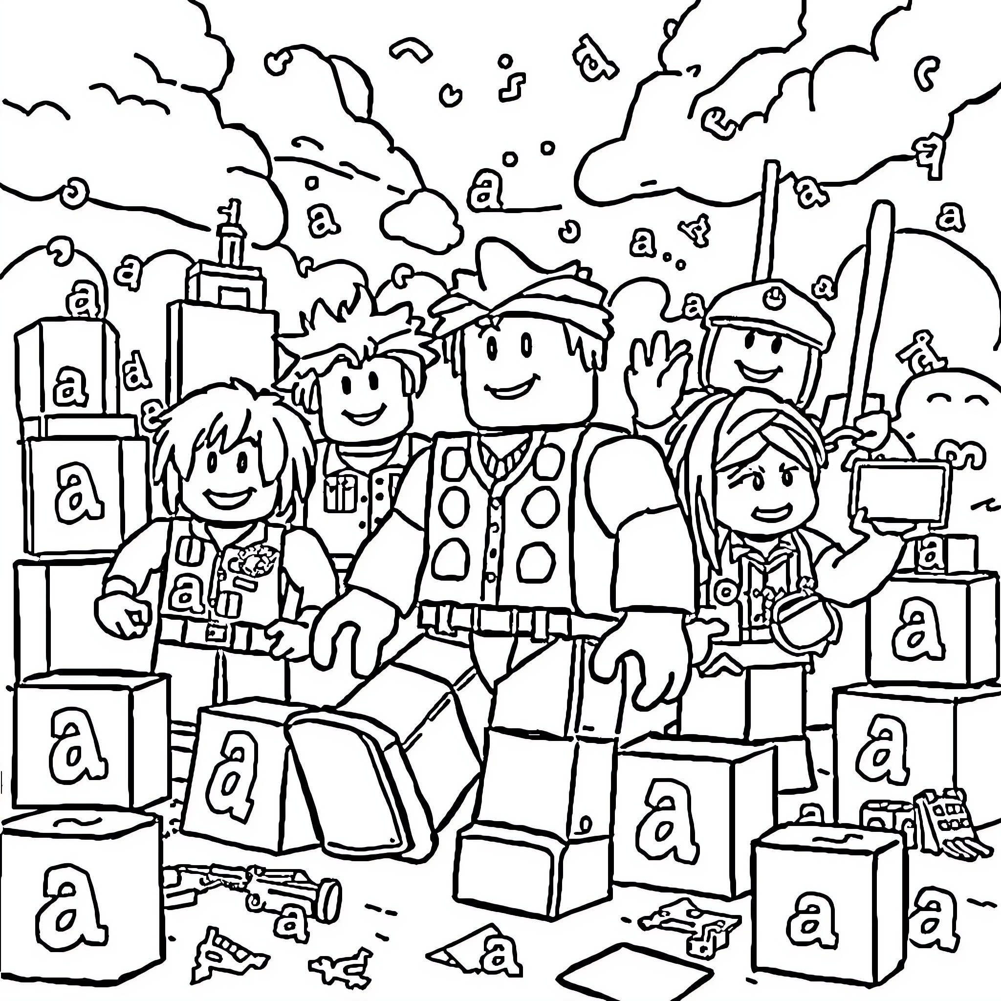 Roblox characters in an expressive and playful scene Coloring Page (free black-and-white line drawing printable PDF for all, from beginners to advanced learners, including children, teens, adults, and seniors)