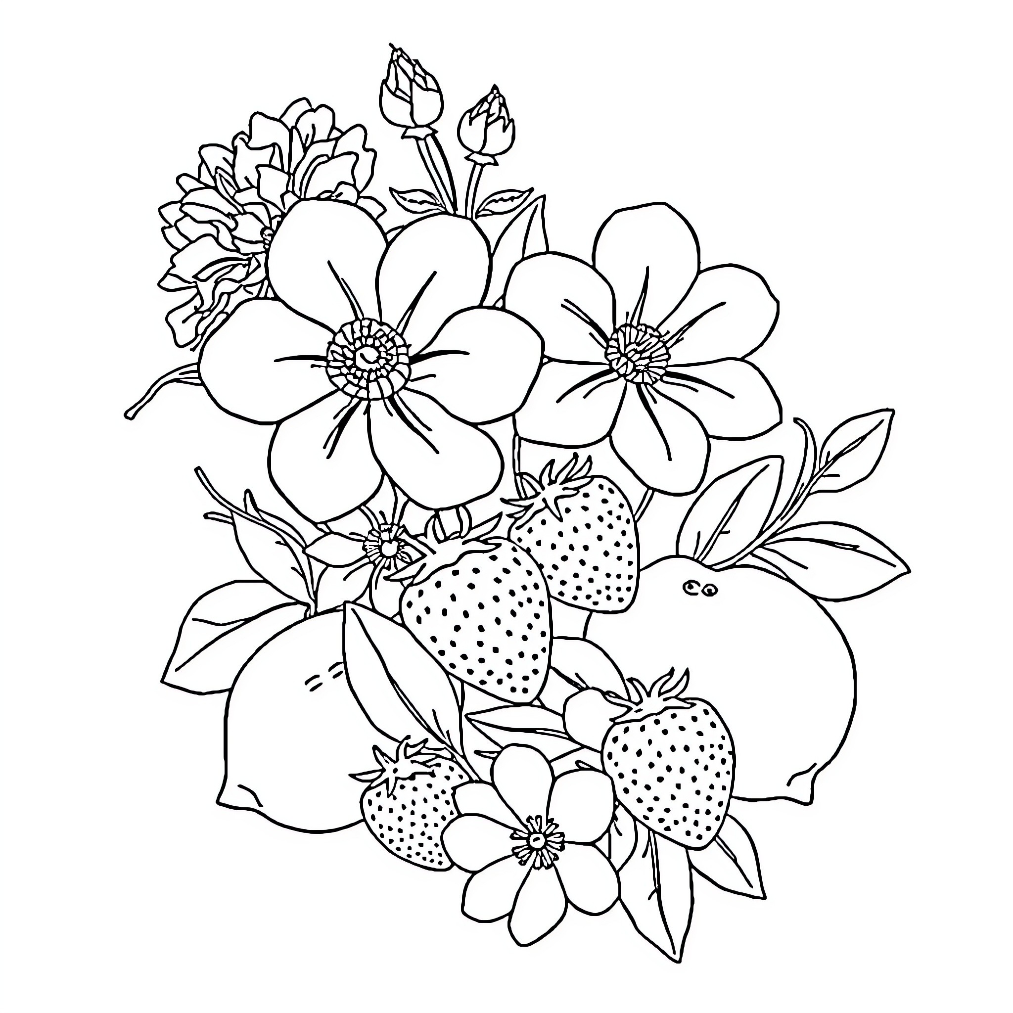 Flower Bouquet with Strawberries and Foliage Coloring Page (free black-and-white line drawing printable PDF for all, from beginners to advanced learners, including children, teens, adults, and seniors)