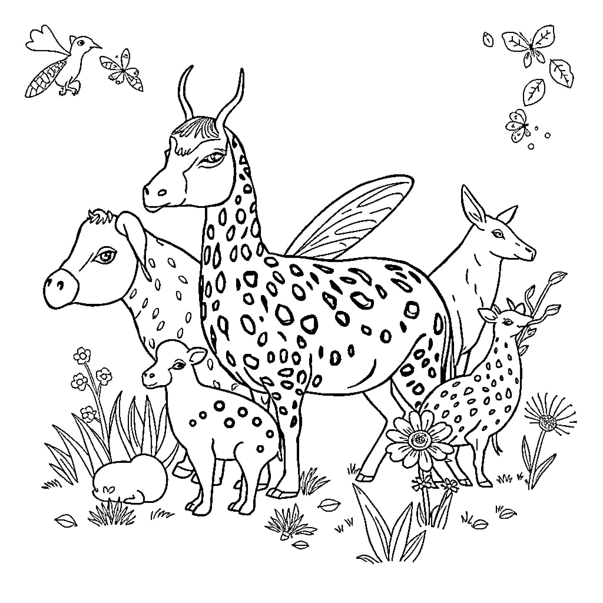 Farm Animals with Whimsical Features and Flowers Coloring Page (free black-and-white line drawing printable PDF for all, from beginners to advanced learners, including children, teens, adults, and seniors)