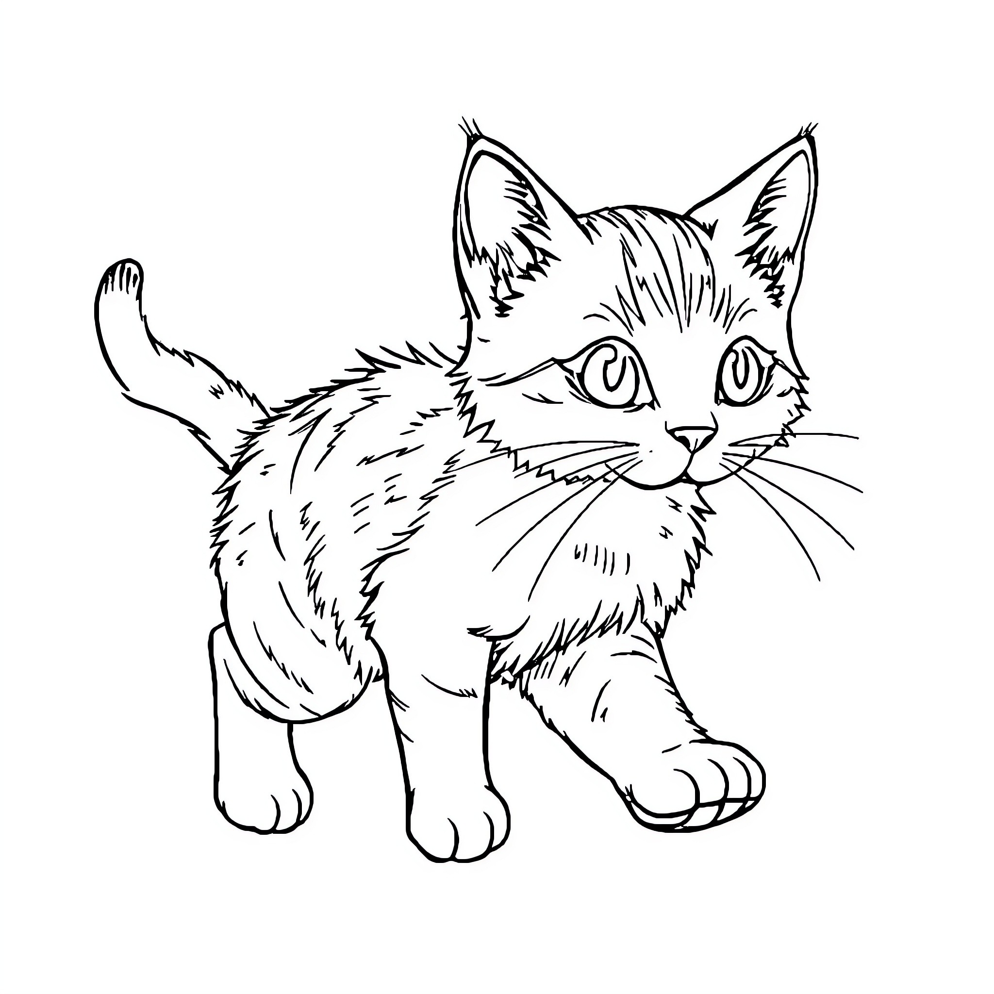 Kitten exploring the world with curiosity Coloring Page (free black-and-white line drawing printable PDF for all, from beginners to advanced learners, including children, teens, adults, and seniors)