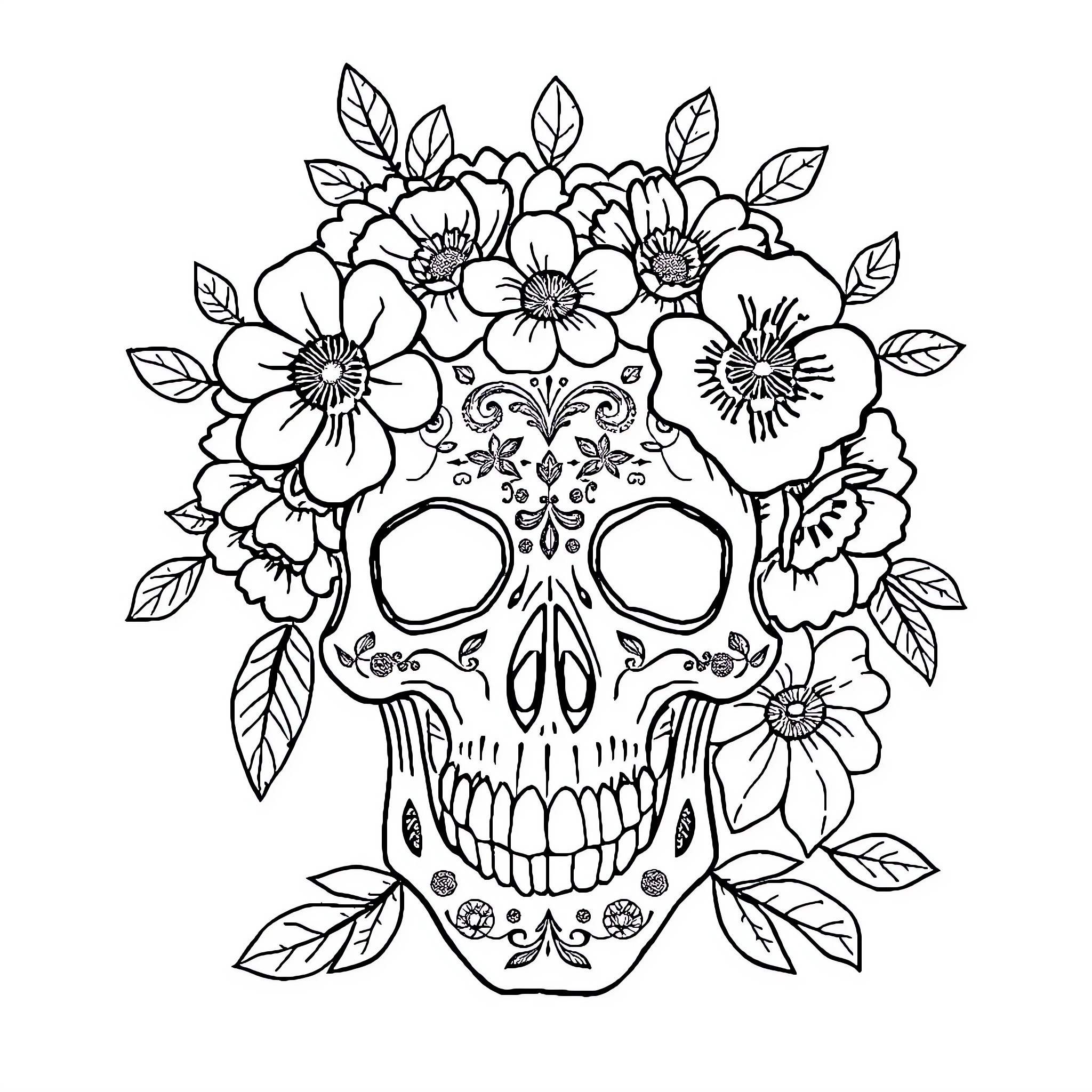 Skull adorned with decorative floral crown Coloring Page (free black-and-white line drawing printable PDF for all, from beginners to advanced learners, including children, teens, adults, and seniors)