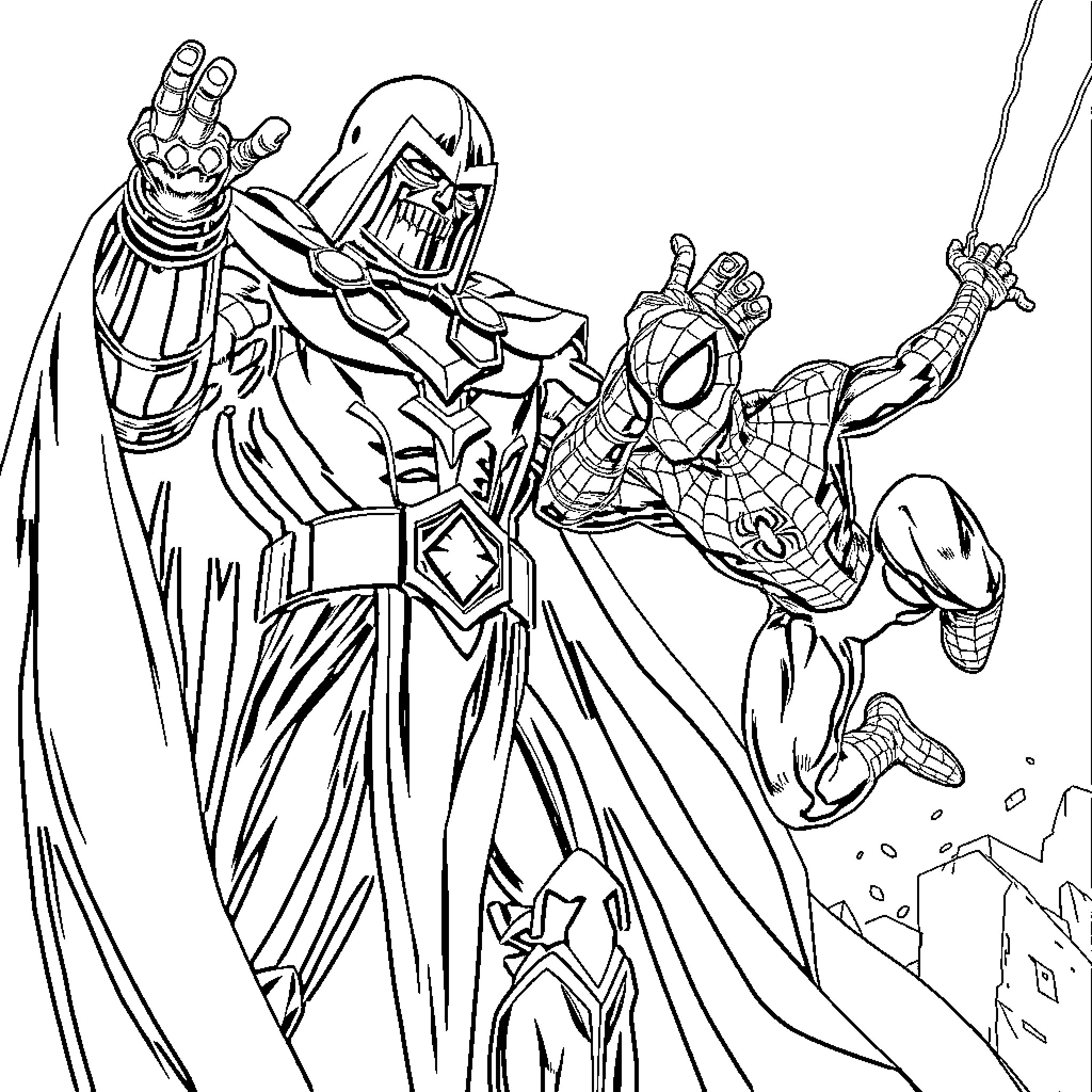 Dr. Doom facing off against Spider-Man in epic battle Coloring Page (free black-and-white line drawing printable PDF for all, from beginners to advanced learners, including children, teens, adults, and seniors)