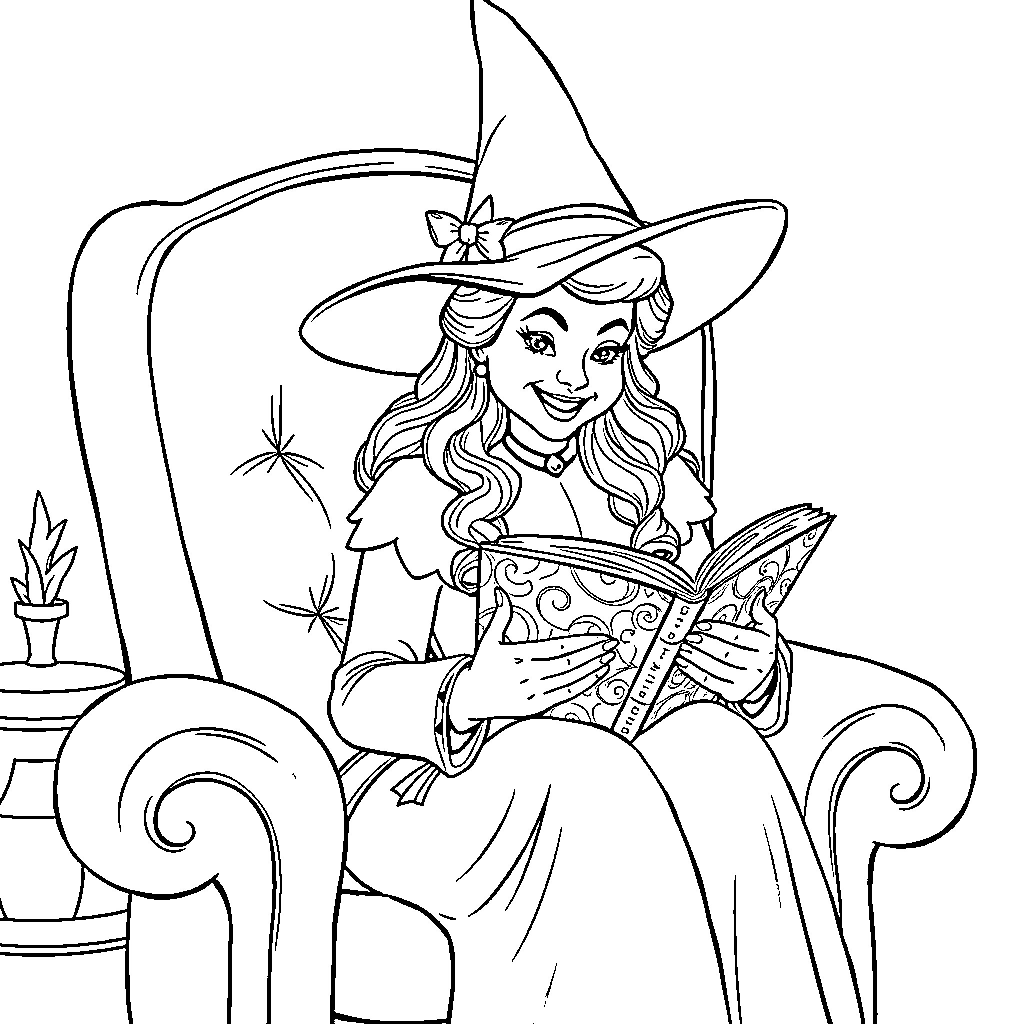 Glinda the Good Witch reading a magical book Coloring Page (free black-and-white line drawing printable PDF for all, from beginners to advanced learners, including children, teens, adults, and seniors)