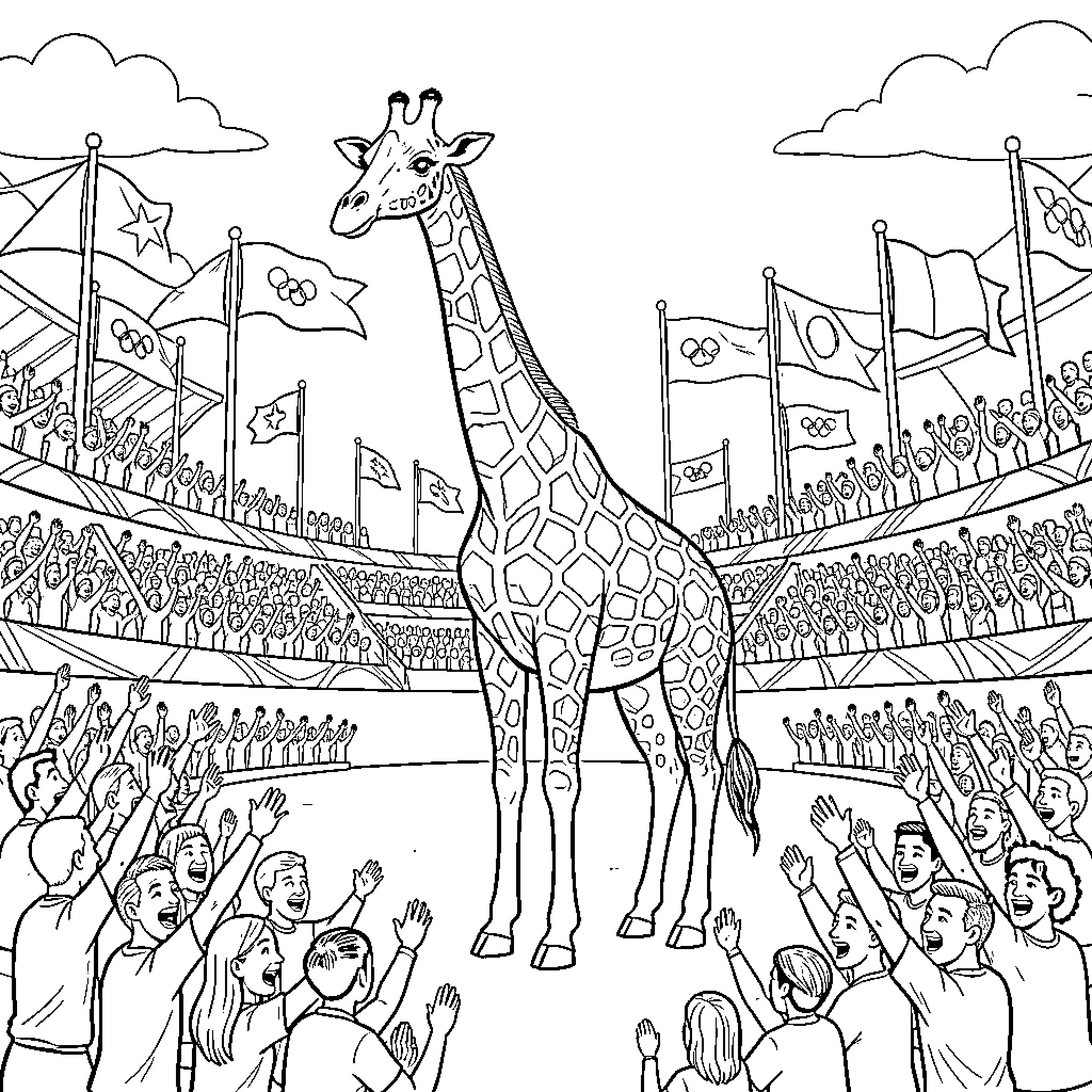 Giraffe performing at a grand sporting event Coloring Page (free black-and-white line drawing printable PDF for all, from beginners to advanced learners, including children, teens, adults, and seniors)