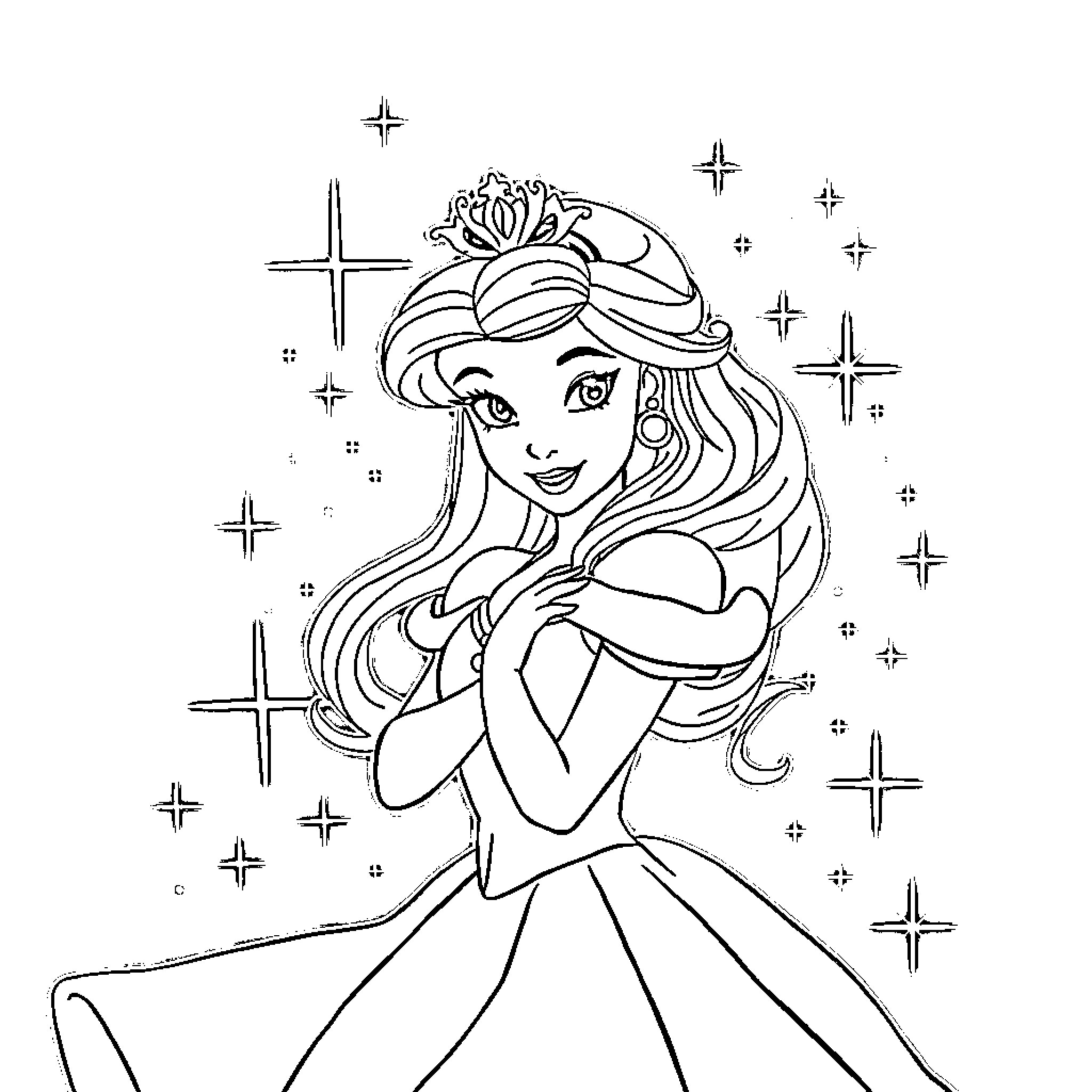 Disney Princess in Sparkling Dress and Tiara Coloring Page (free black-and-white line drawing printable PDF for all, from beginners to advanced learners, including children, teens, adults, and seniors)