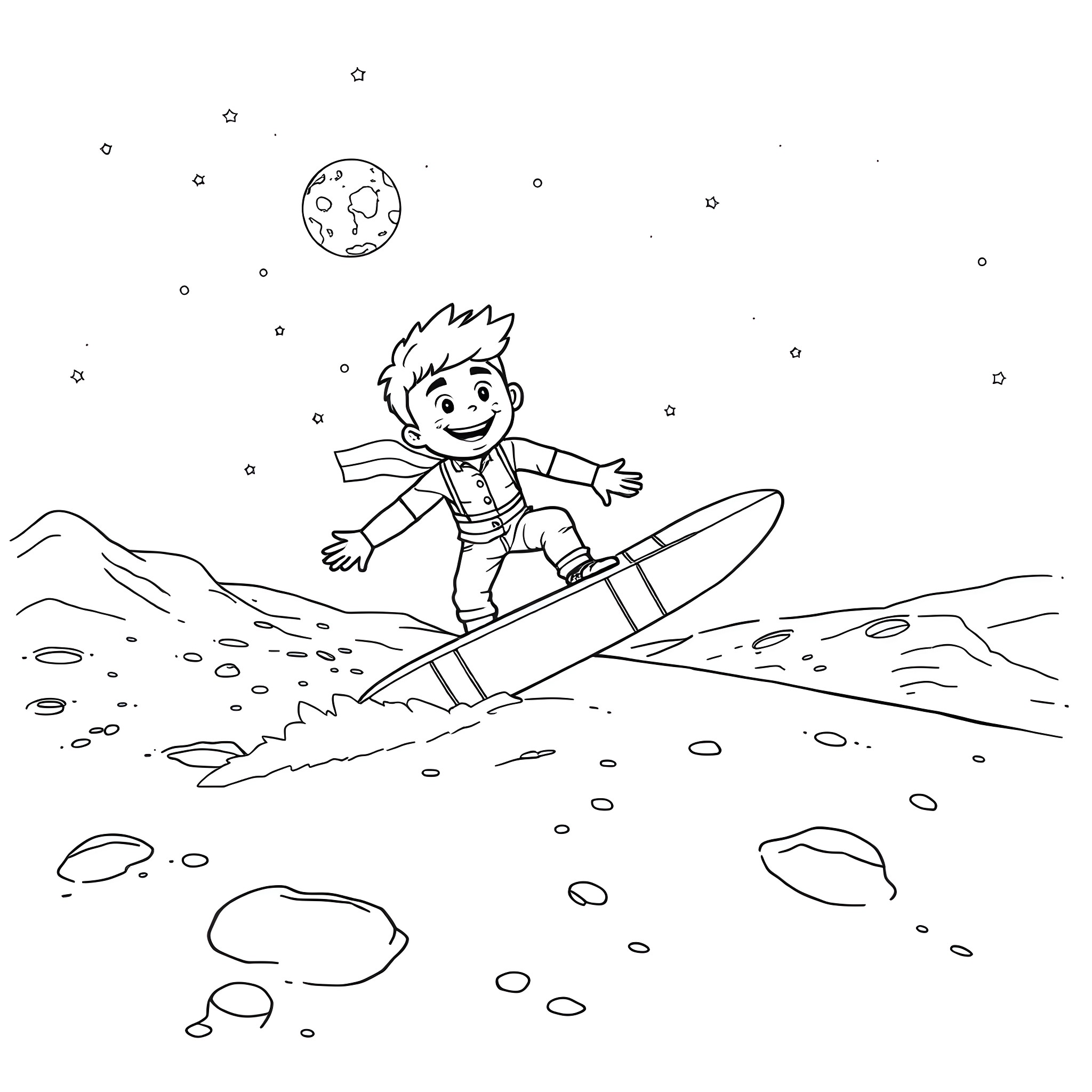 Ronald Acuna Jr surfing on the moon Coloring Page (free black-and-white line drawing printable PDF for all, from beginners to advanced learners, including children, teens, adults, and seniors)