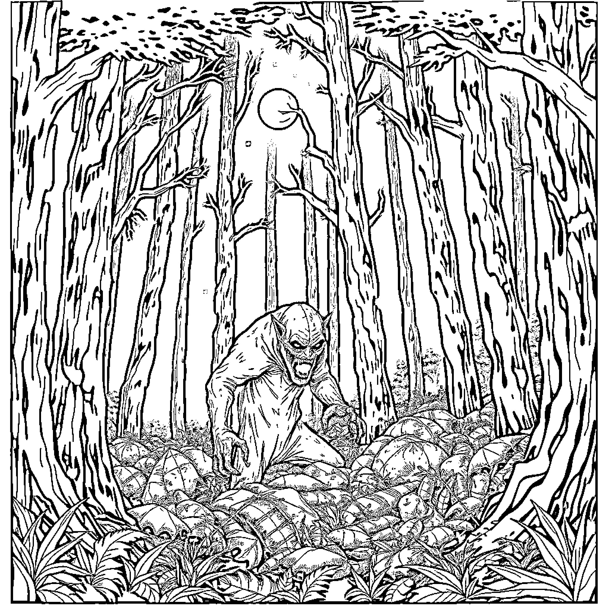 Cryptid hunting in the eerie forest Coloring Page (free black-and-white line drawing printable PDF for all, from beginners to advanced learners, including children, teens, adults, and seniors)