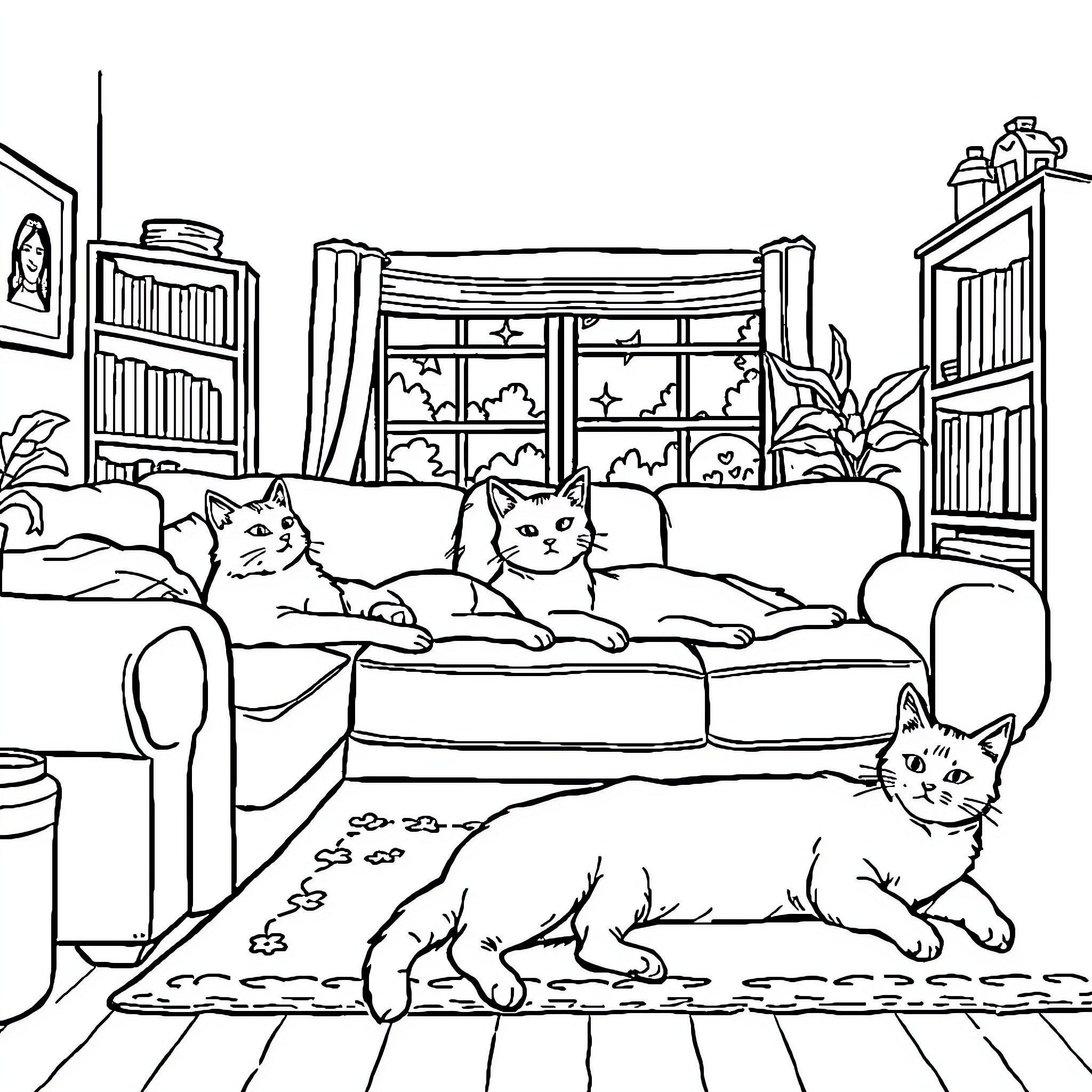 Cats Relaxing in Cozy Living Room Coloring Page (free black-and-white line drawing printable PDF for all, from beginners to advanced learners, including children, teens, adults, and seniors)