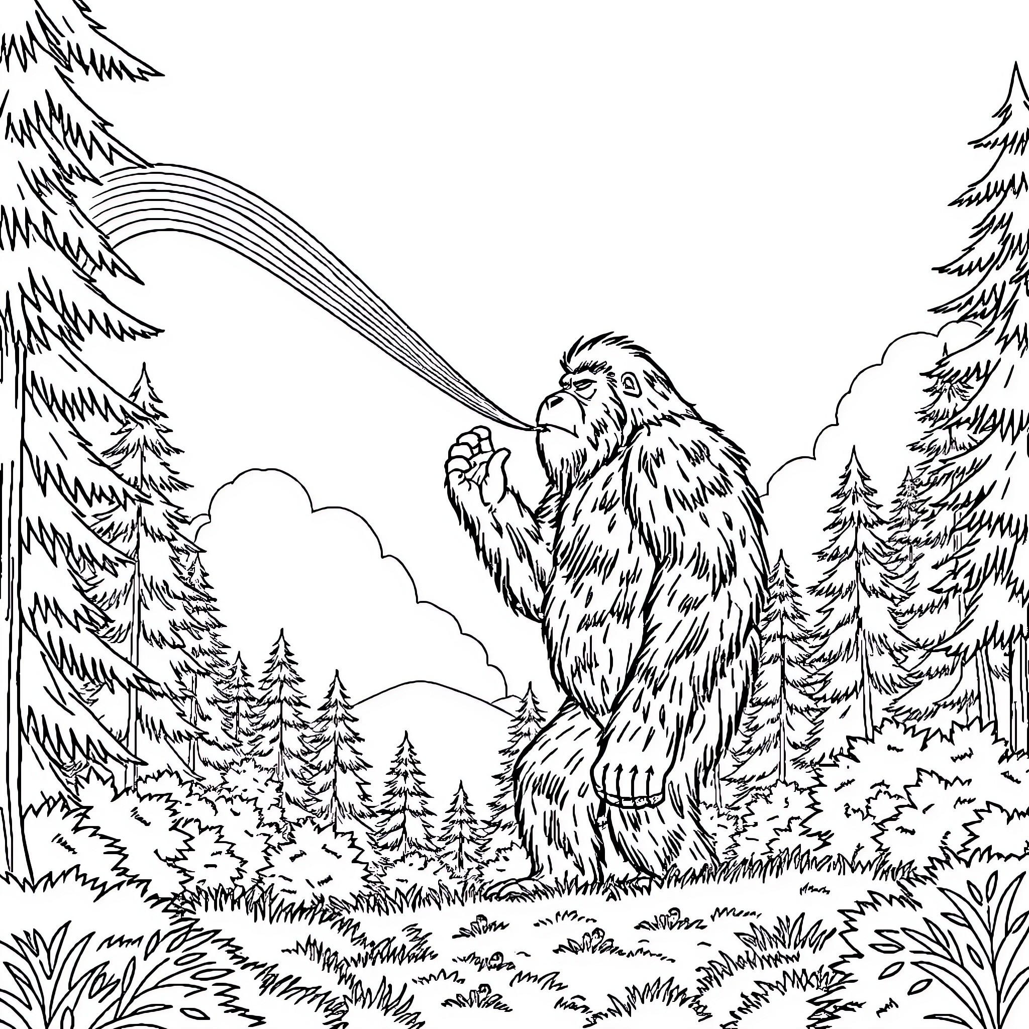 Sasquatch emerging from the forest with a rainbow Coloring Page (free black-and-white line drawing printable PDF for all, from beginners to advanced learners, including children, teens, adults, and seniors)