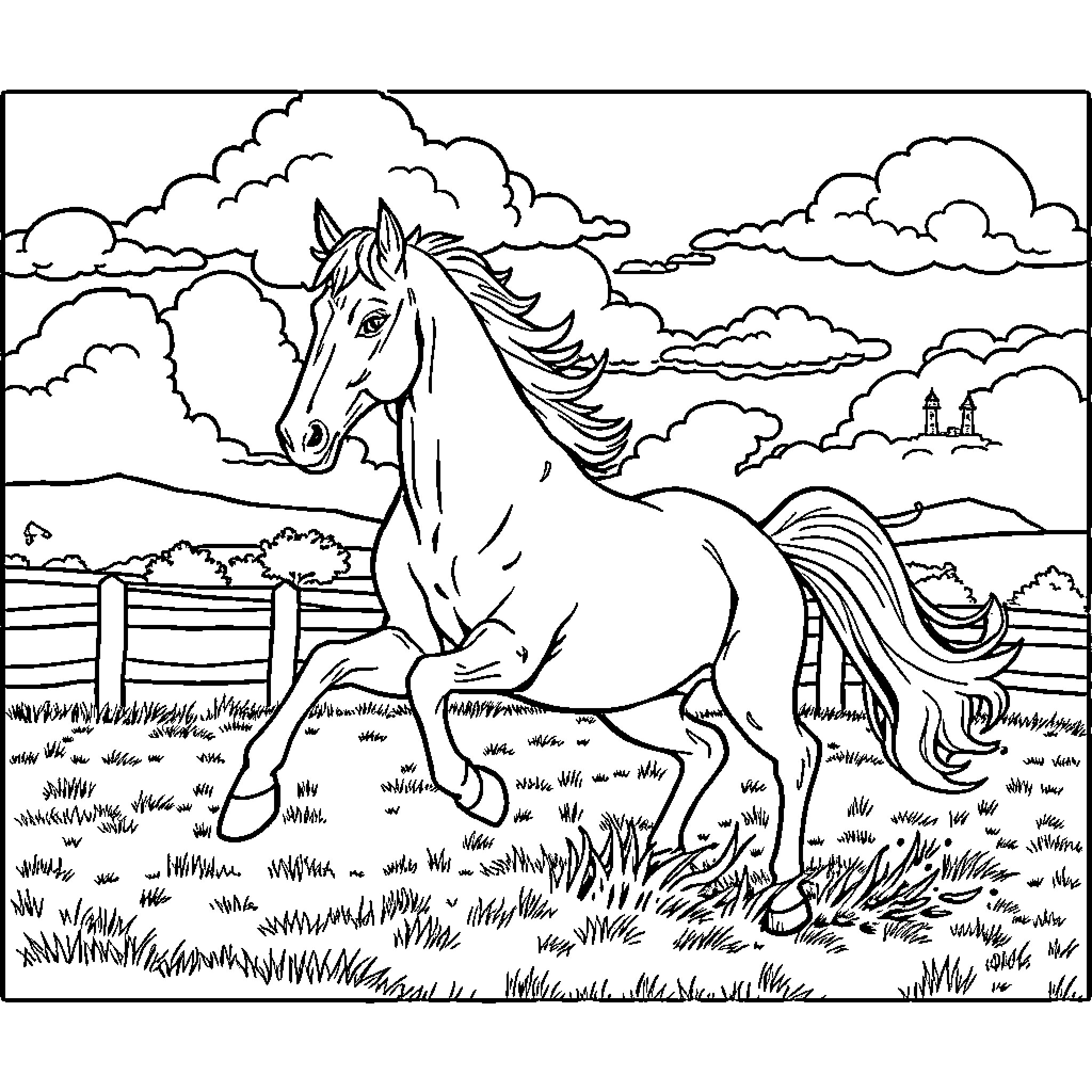 Horse running freely through a countryside landscape Coloring Page (free black-and-white line drawing printable PDF for all, from beginners to advanced learners, including children, teens, adults, and seniors)