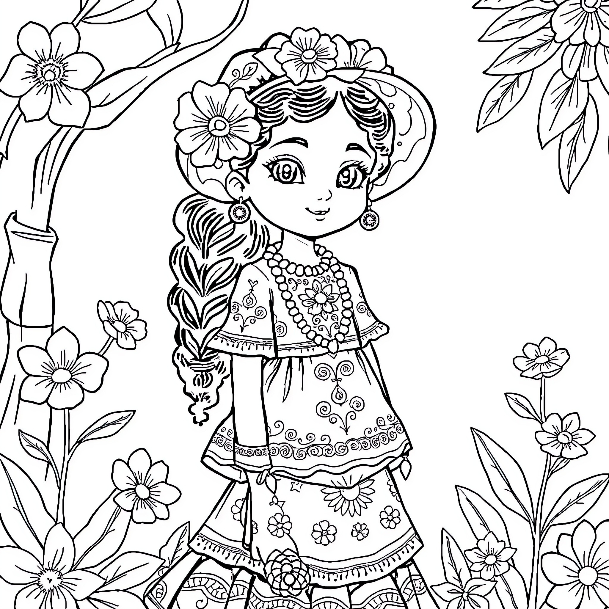 Fille in floral garden Coloring Page (free black-and-white line drawing printable PDF for all, from beginners to advanced learners, including children, teens, adults, and seniors)