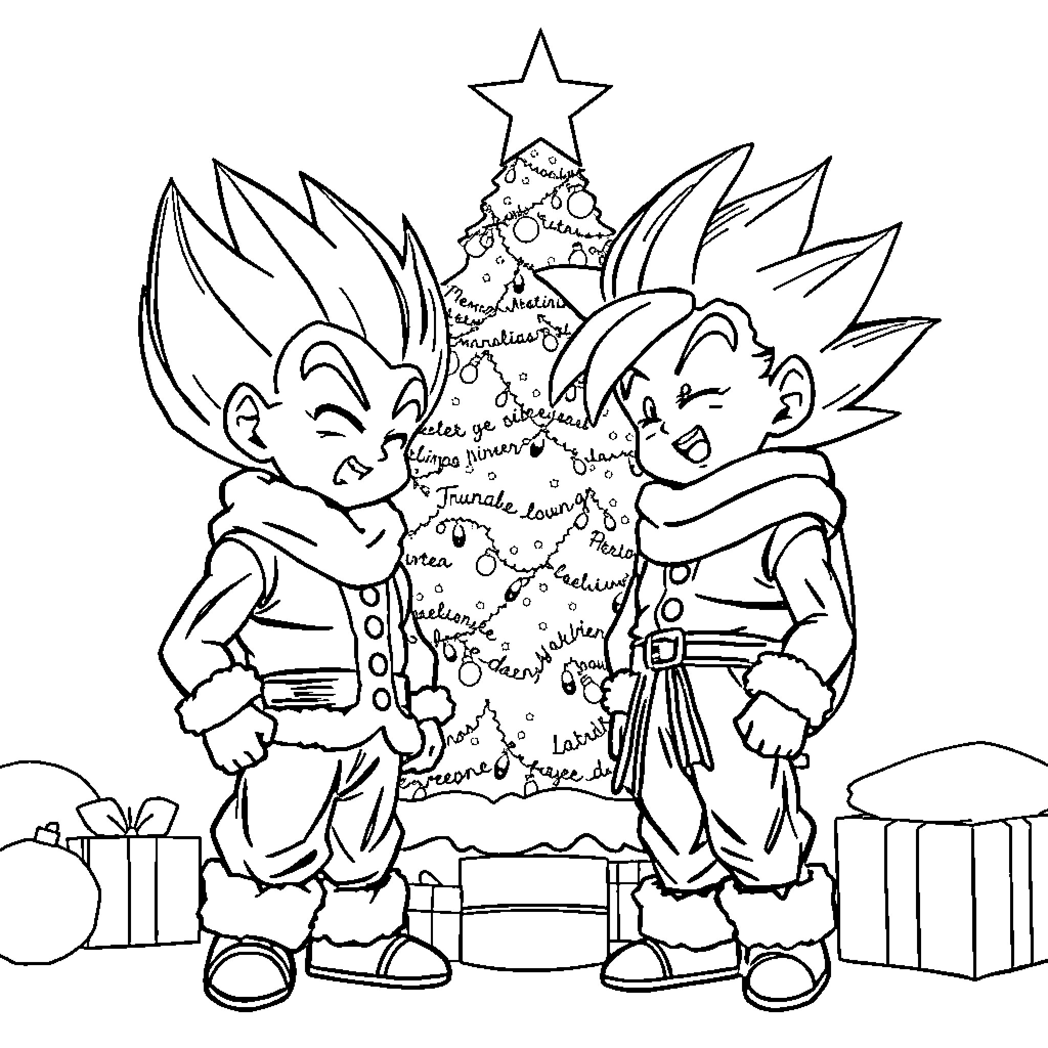 Vegeta and Goku decorating a Christmas tree Coloring Page (free black-and-white line drawing printable PDF for all, from beginners to advanced learners, including children, teens, adults, and seniors)