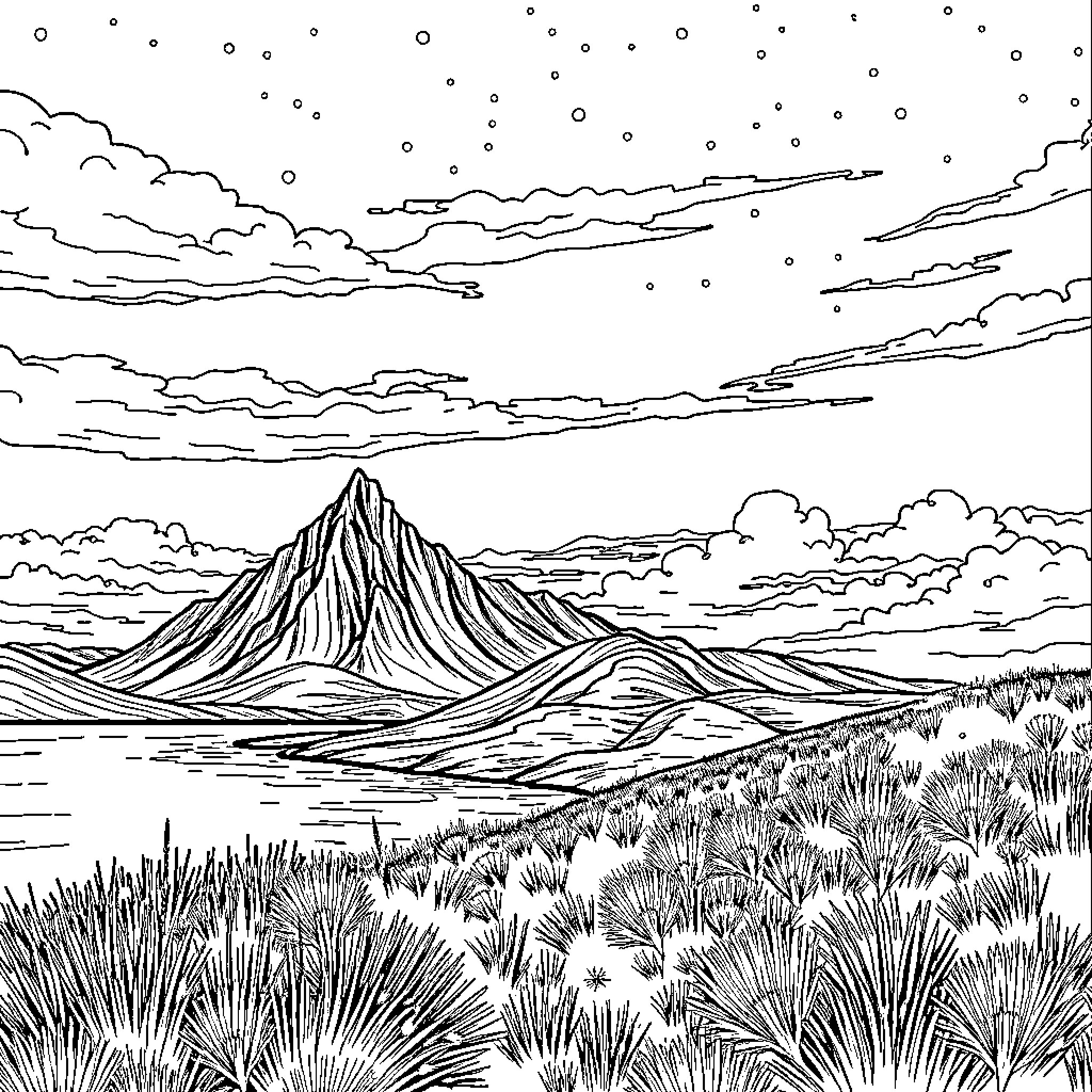 Cow in the desert landscape with mountains Coloring Page (free black-and-white line drawing printable PDF for all, from beginners to advanced learners, including children, teens, adults, and seniors)