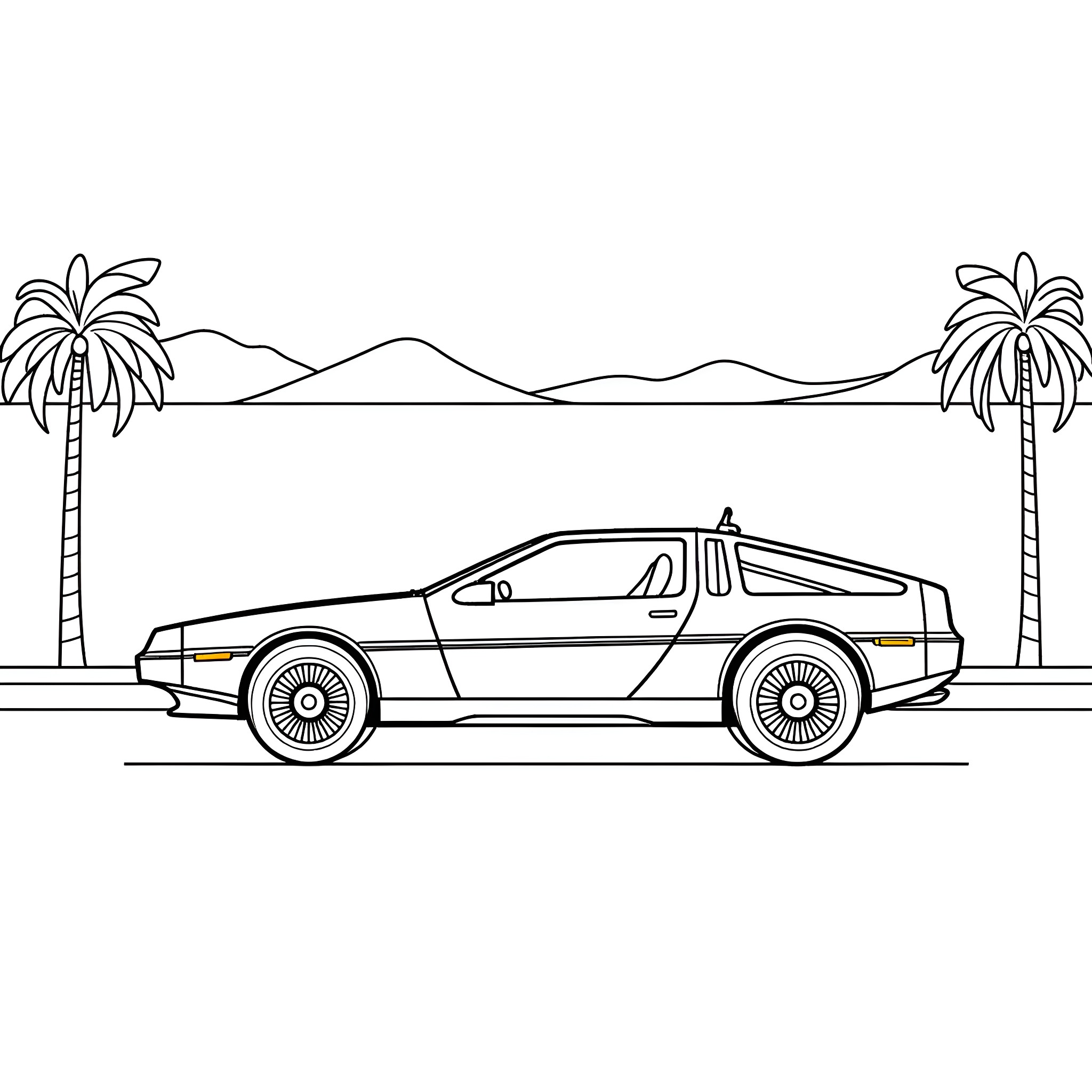 DeLorean time machine in tropical setting Coloring Page (free black-and-white line drawing printable PDF for all, from beginners to advanced learners, including children, teens, adults, and seniors)