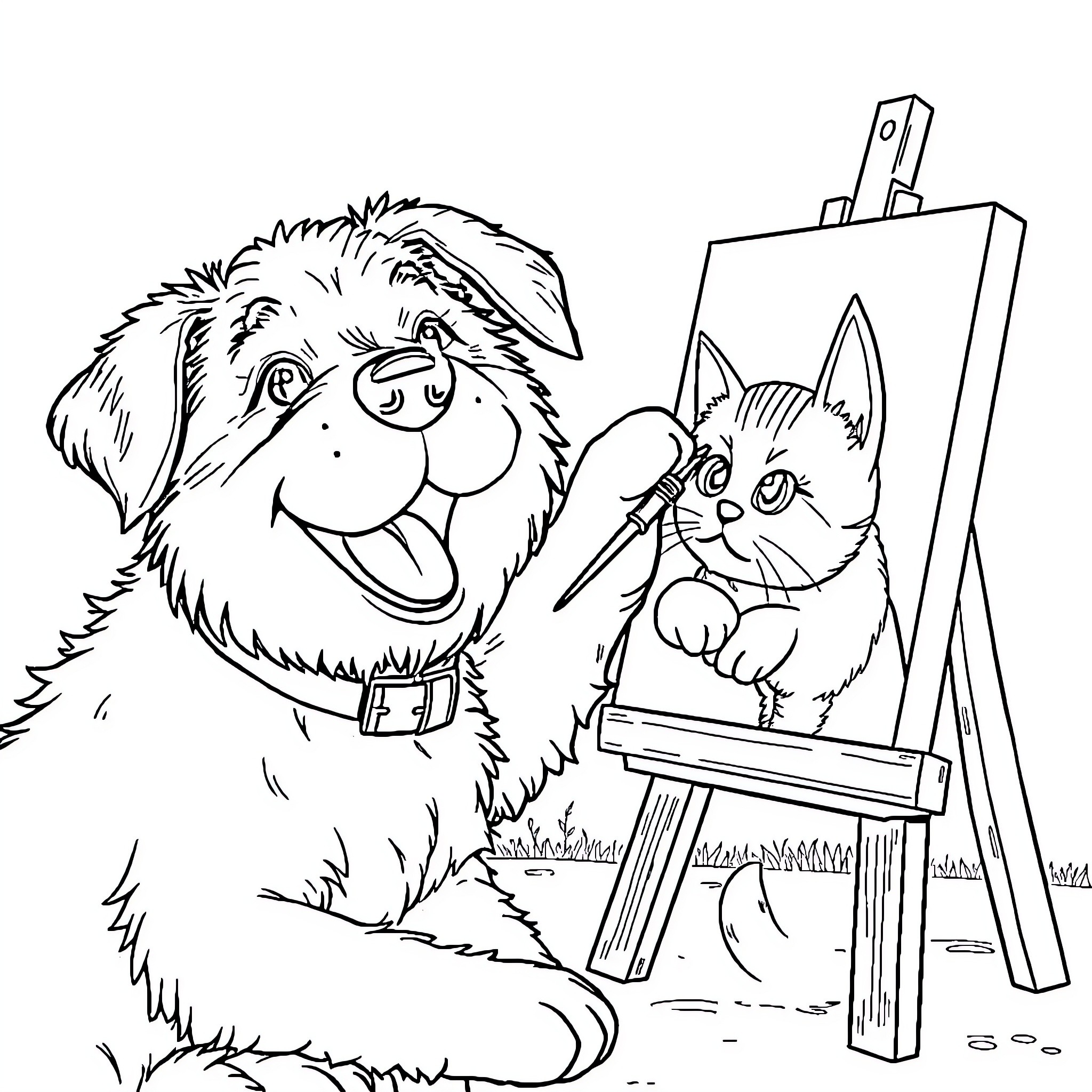 Dog and Cat Painting Together Happily Coloring Page (free black-and-white line drawing printable PDF for all, from beginners to advanced learners, including children, teens, adults, and seniors)