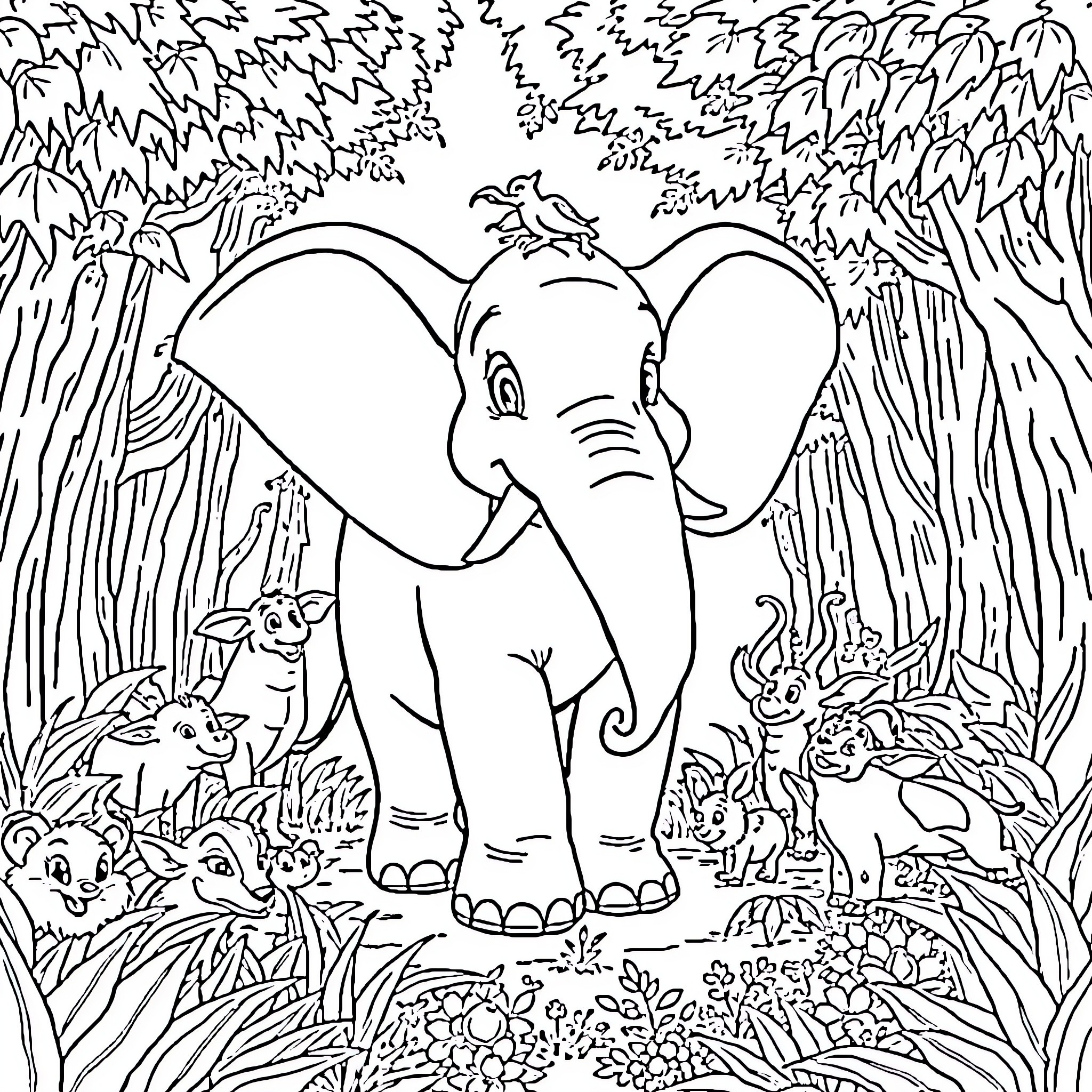 Dumbo the Elephant Surrounded by Forest Animals Coloring Page (free black-and-white line drawing printable PDF for all, from beginners to advanced learners, including children, teens, adults, and seniors)